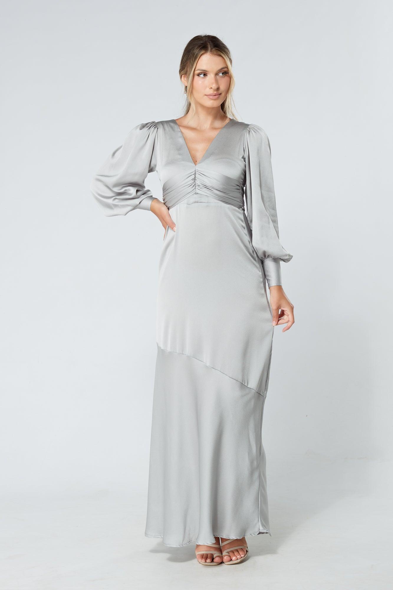 Naomi Silver Light Satin-Crepe Maxi Dress With Long Sleeves - TAHLIRA