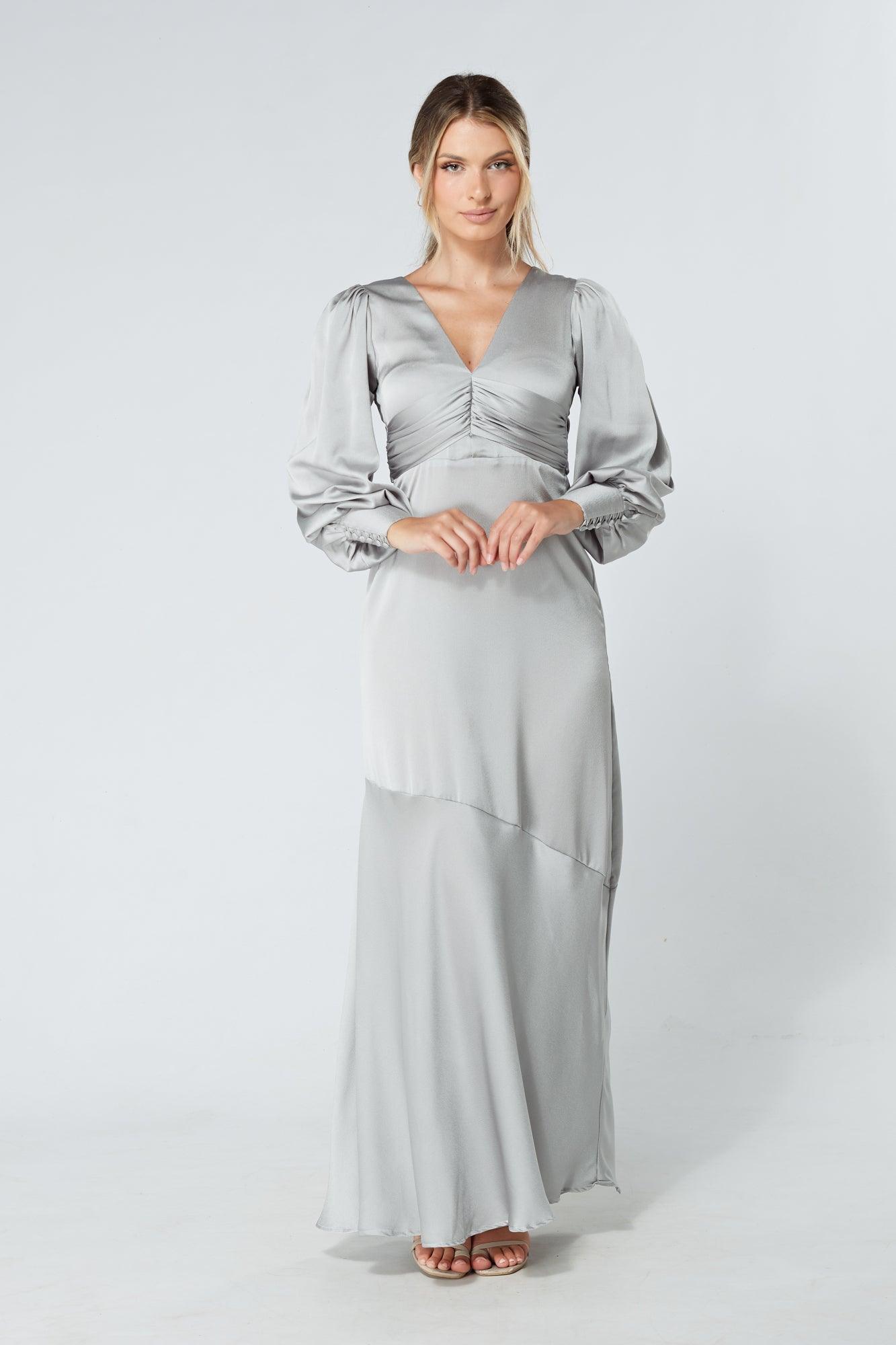 Naomi Silver Light Satin-Crepe Maxi Dress With Long Sleeves - TAHLIRA