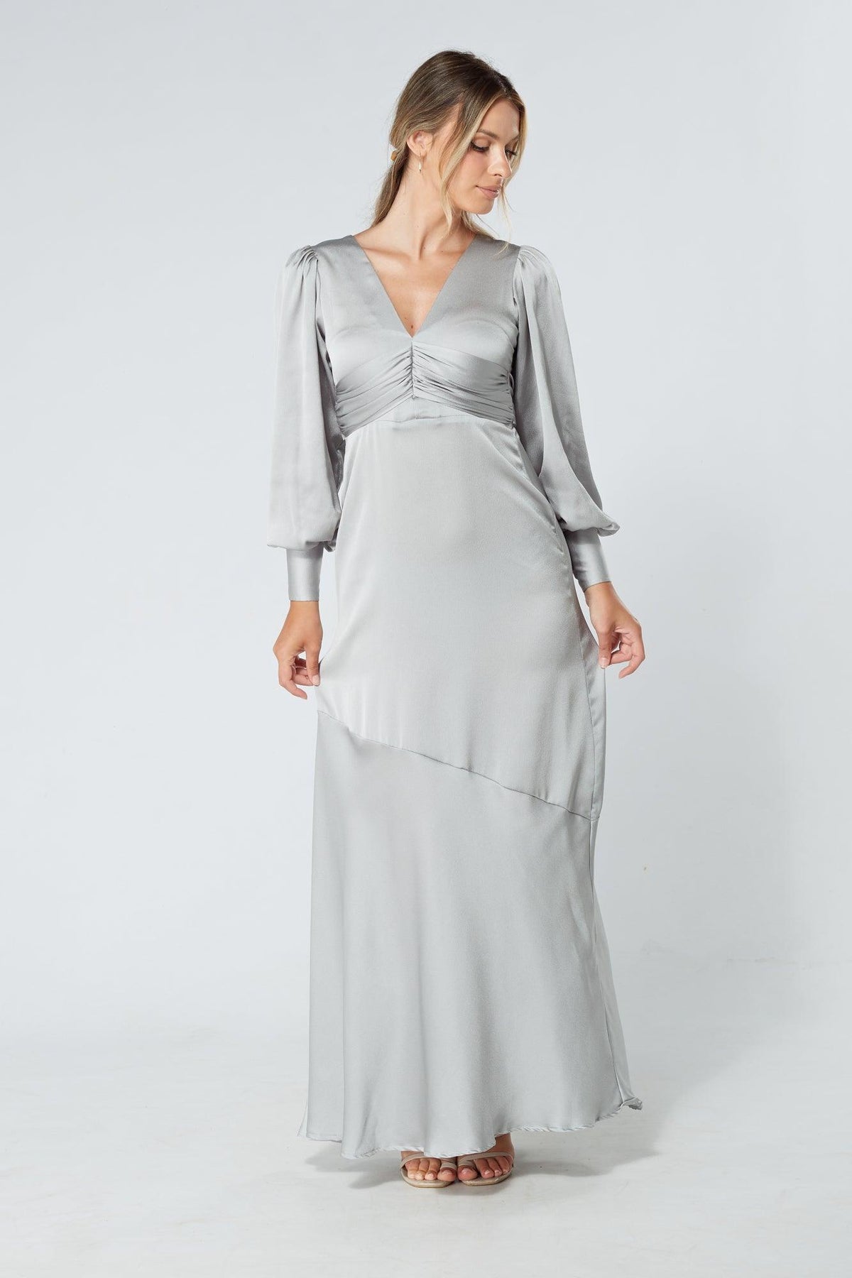 Naomi Silver Light Satin-Crepe Maxi Dress With Long Sleeves - TAHLIRA