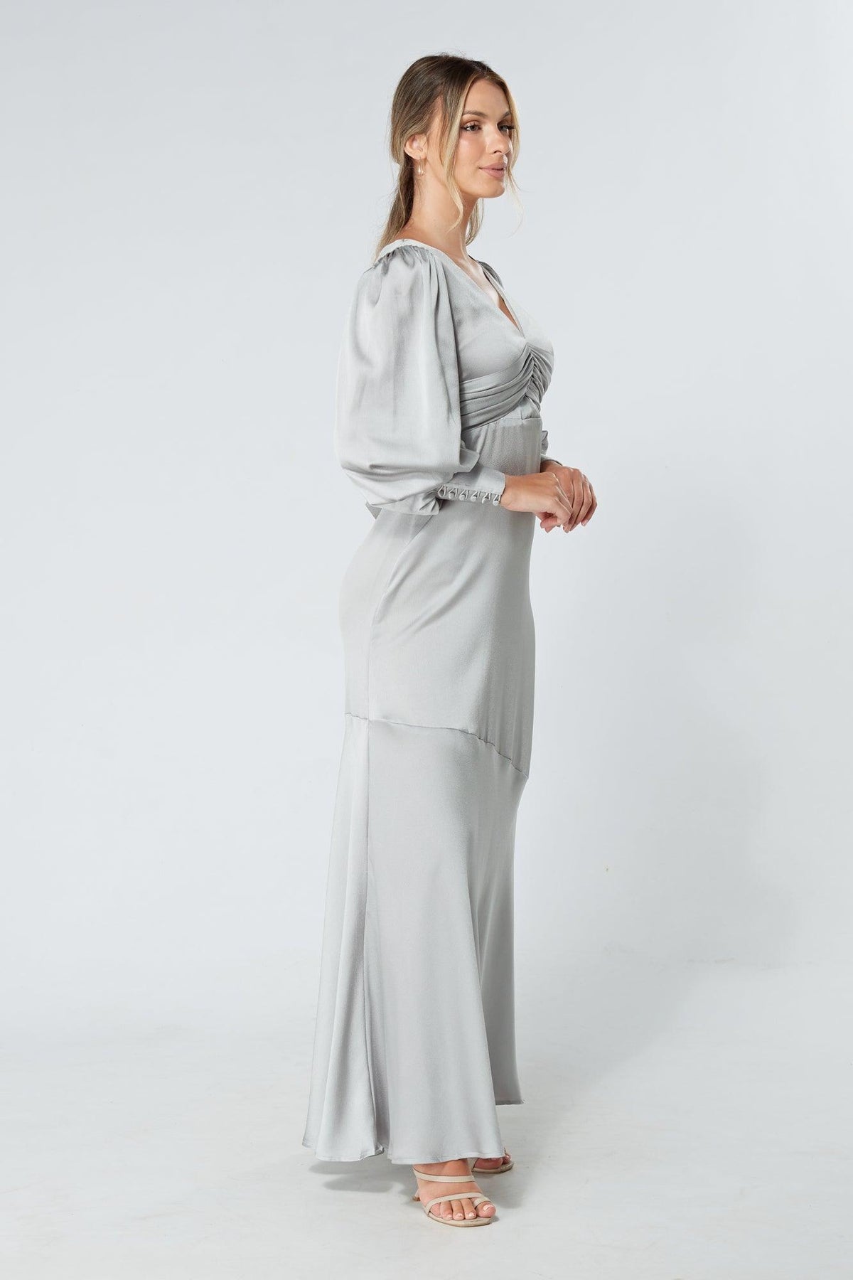 Naomi Silver Light Satin-Crepe Maxi Dress With Long Sleeves - TAHLIRA