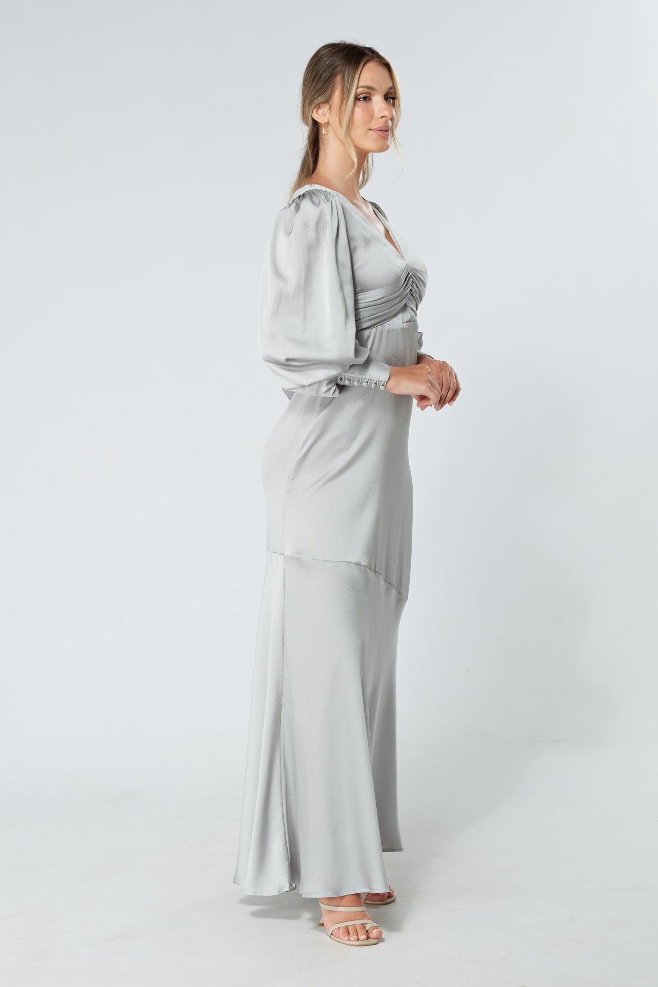 Naomi Silver Light Satin-Crepe Maxi Dress With Long Sleeves - TAHLIRA