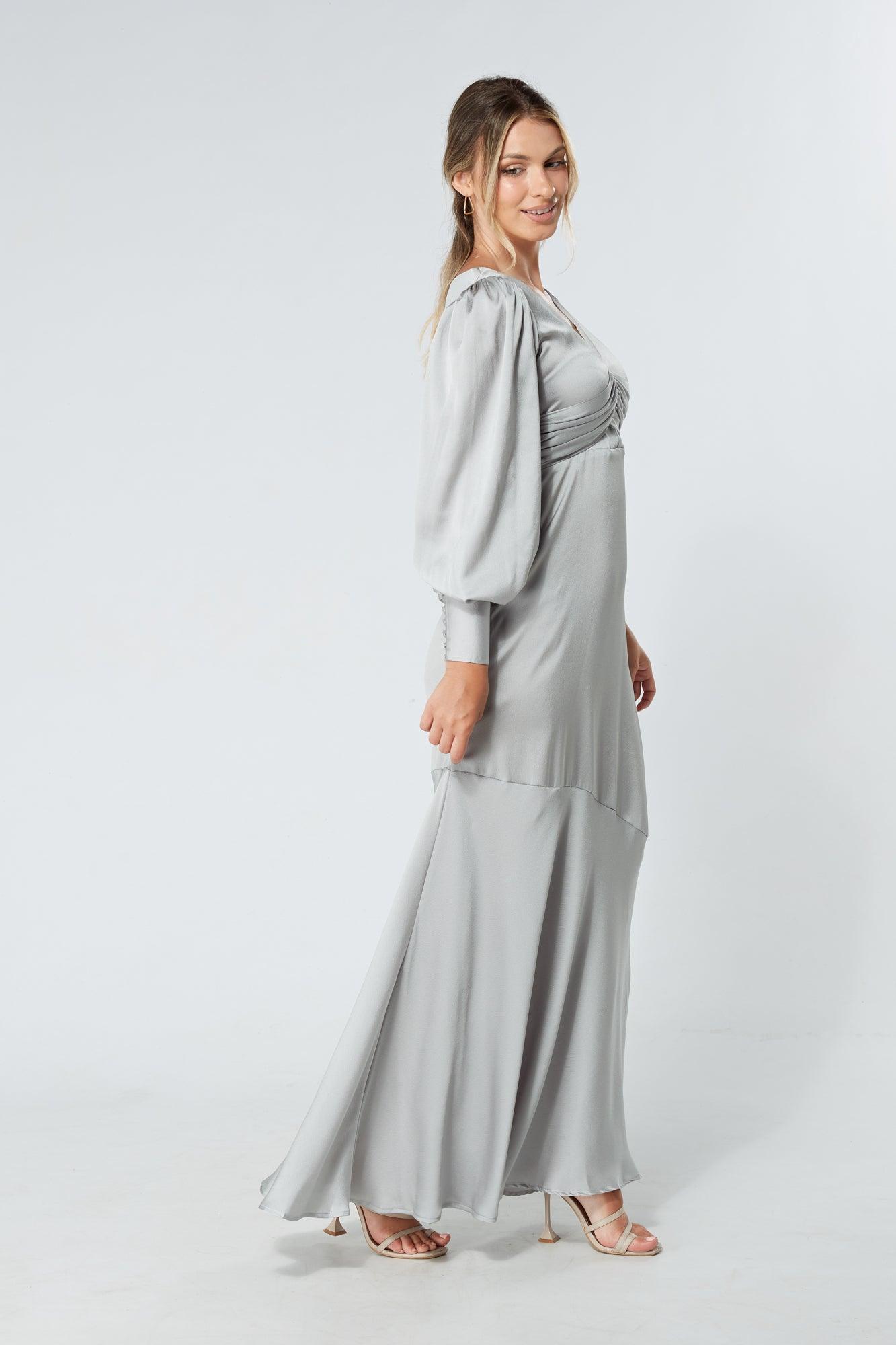 Naomi Silver Light Satin-Crepe Maxi Dress With Long Sleeves - TAHLIRA