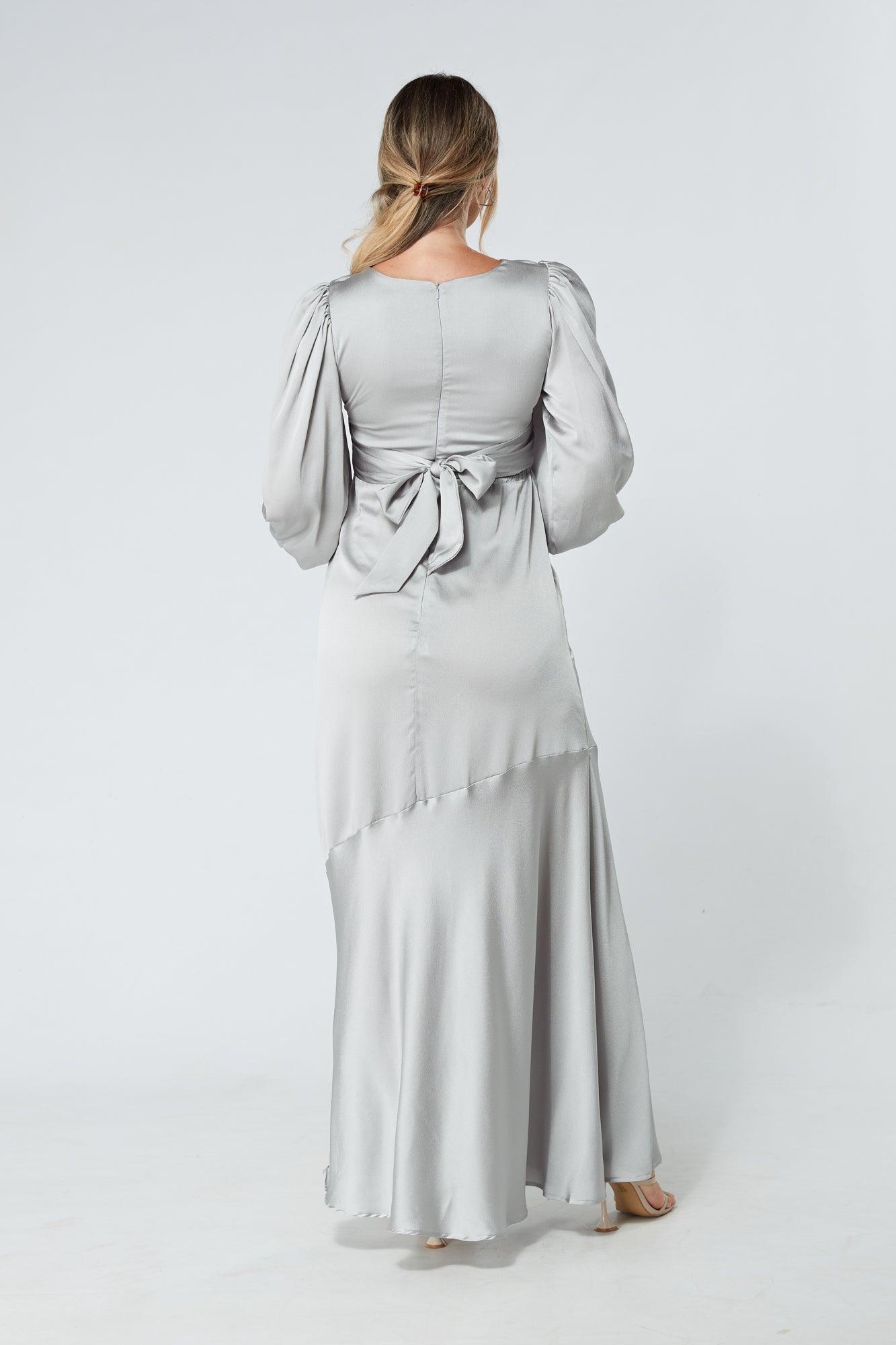 Naomi Silver Light Satin-Crepe Maxi Dress With Long Sleeves - TAHLIRA