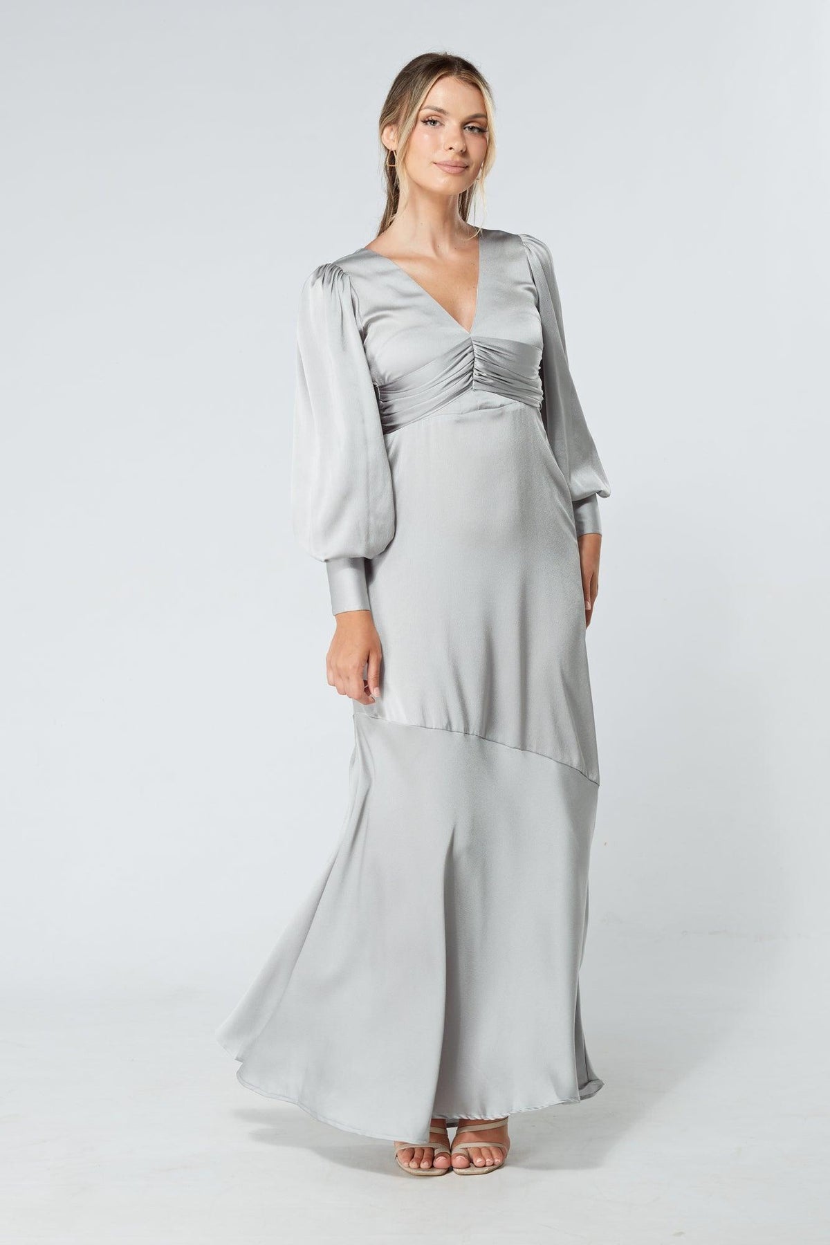 Naomi Silver Light Satin-Crepe Maxi Dress With Long Sleeves - TAHLIRA