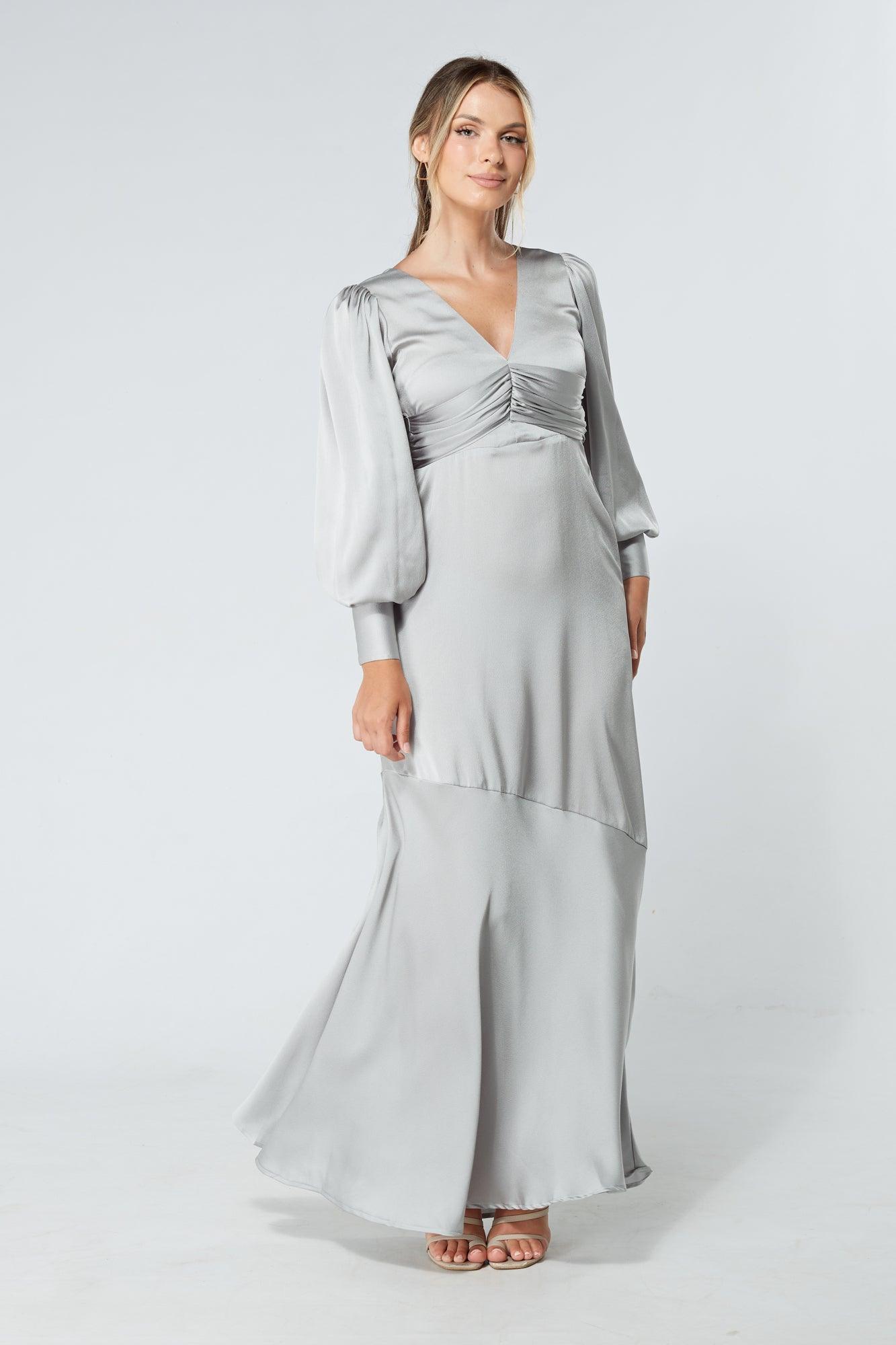 Naomi Silver Light Satin-Crepe Maxi Dress With Long Sleeves - TAHLIRA