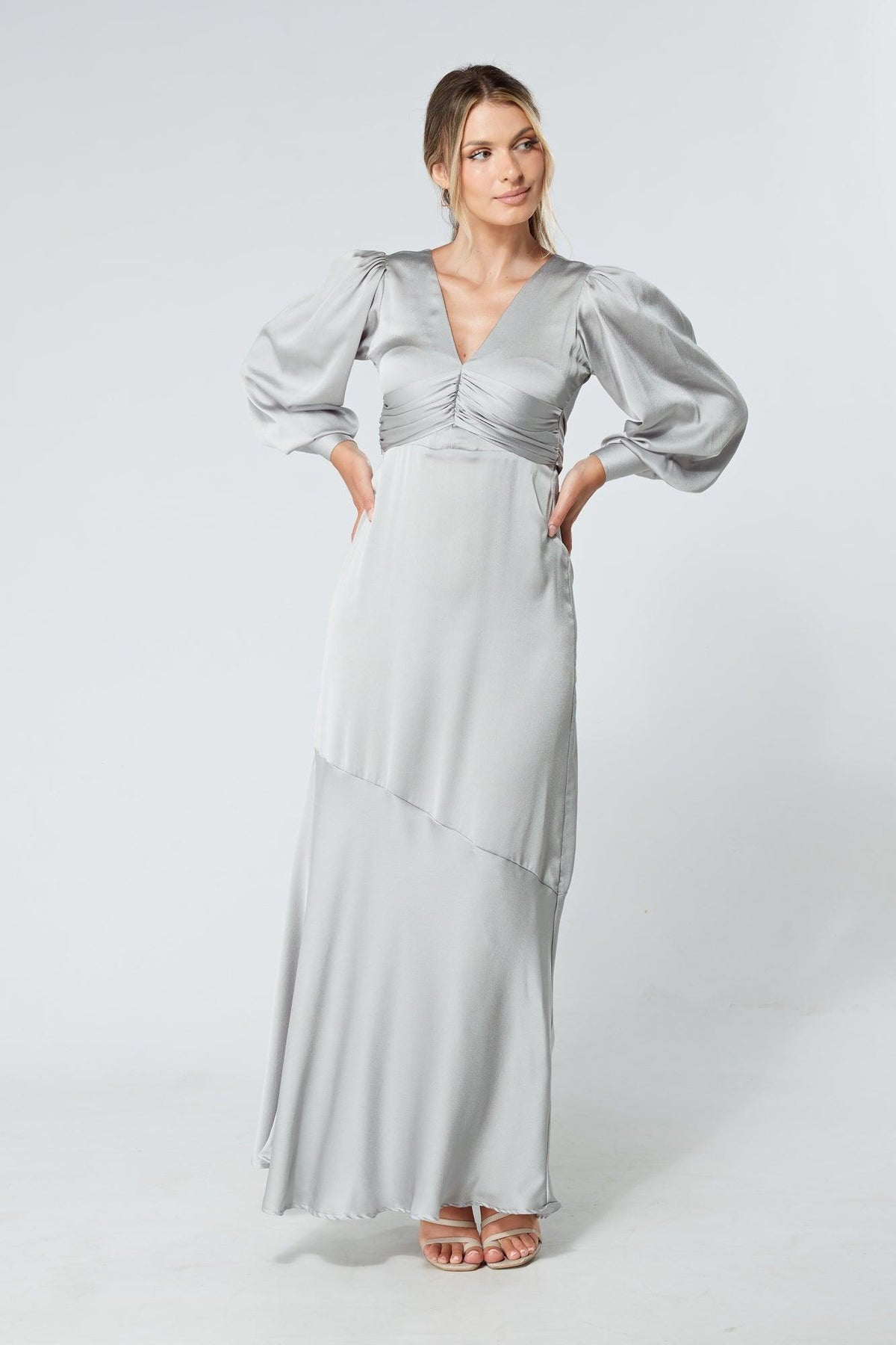 Naomi Silver Light Satin-Crepe Maxi Dress With Long Sleeves - TAHLIRA