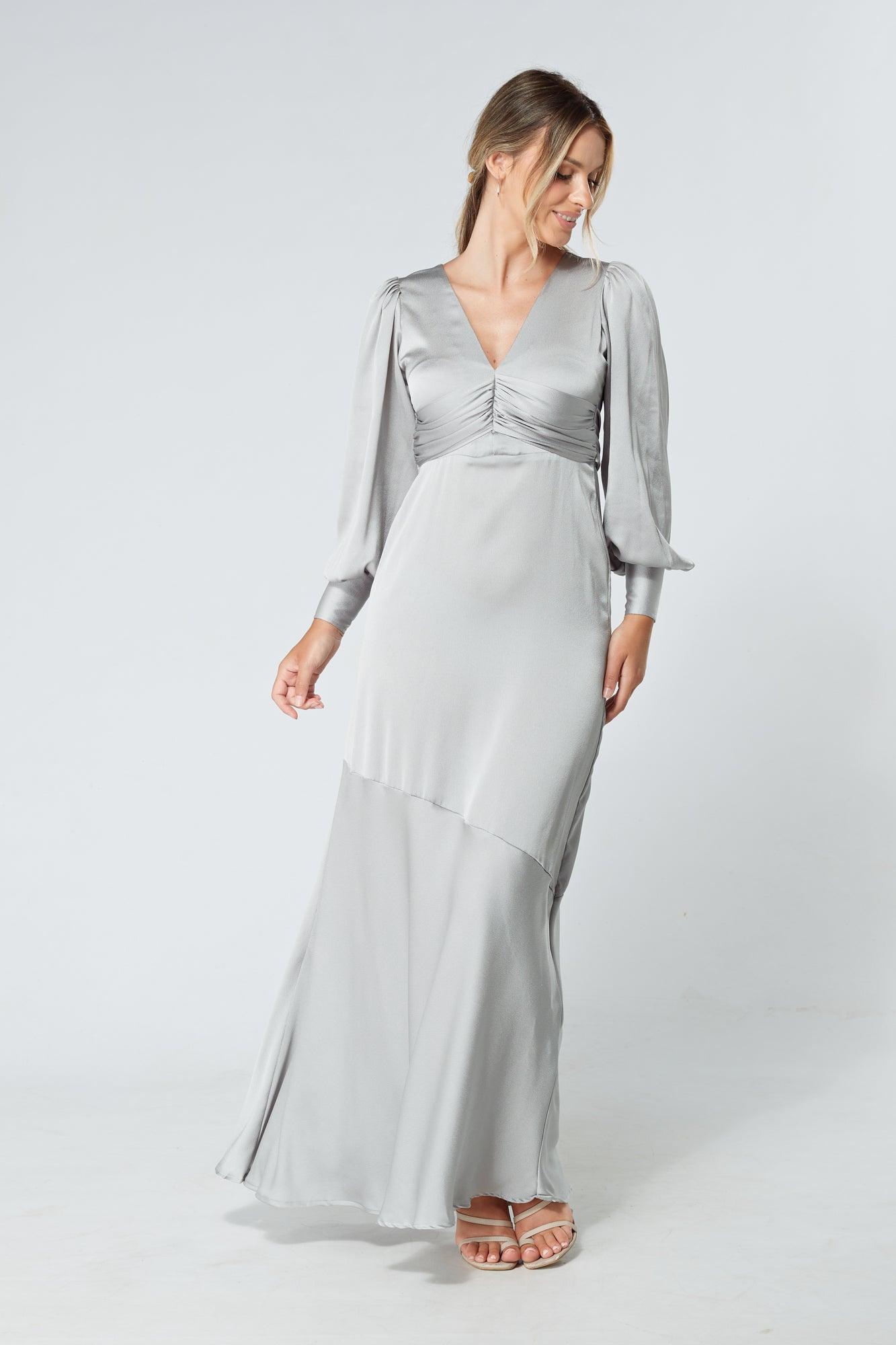 Naomi Silver Light Satin-Crepe Maxi Dress With Long Sleeves - TAHLIRA