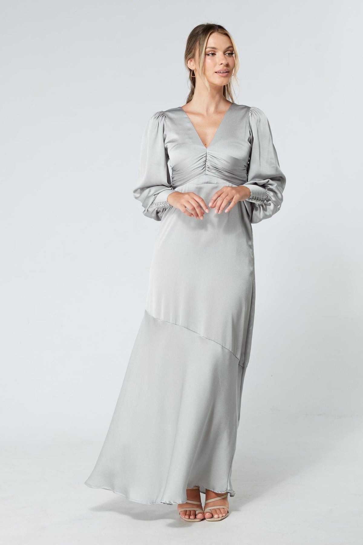 Naomi Silver Light Satin-Crepe Maxi Dress With Long Sleeves - TAHLIRA