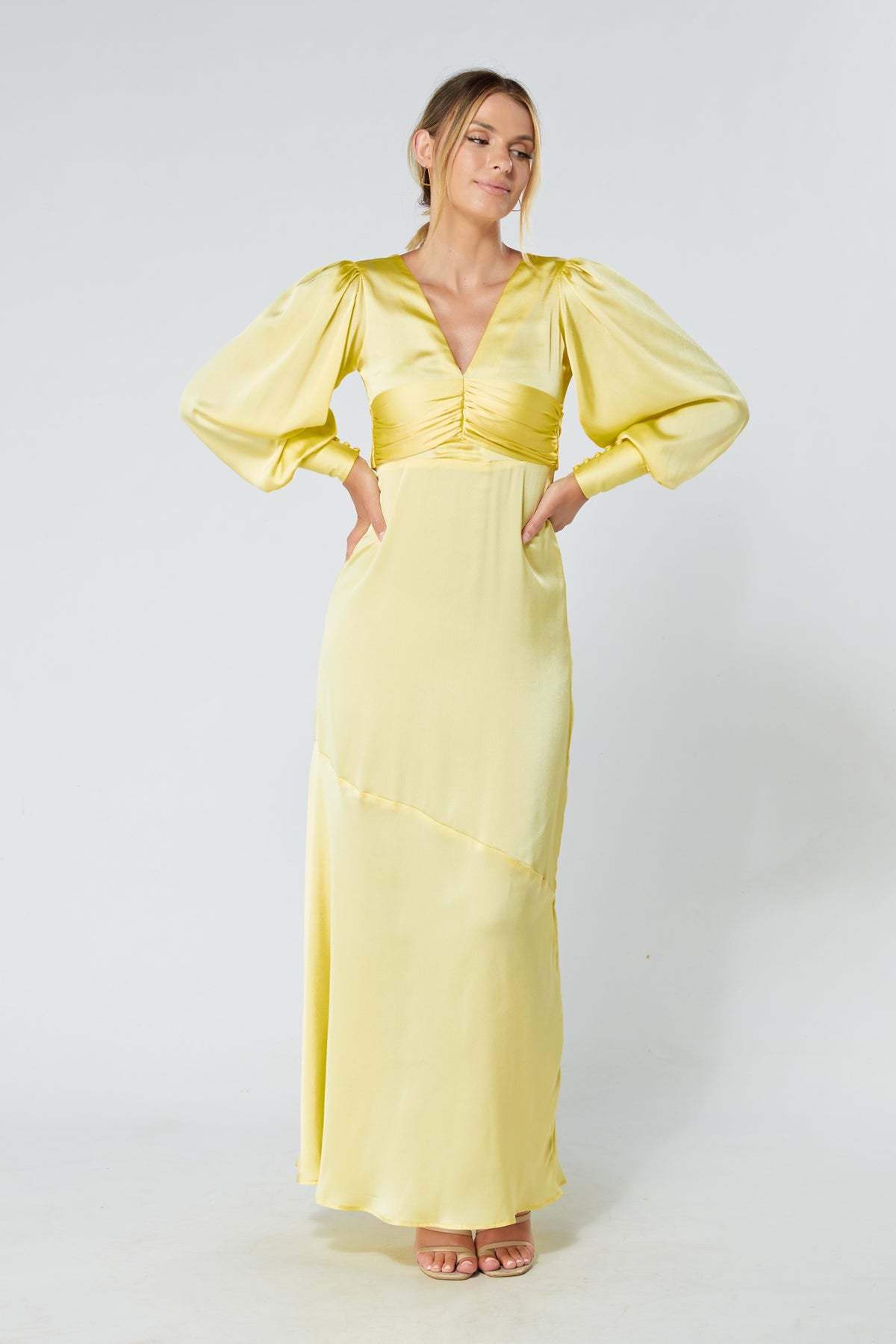 Naomi Yellow Satin-Crepe Maxi Dress With Long Sleeves