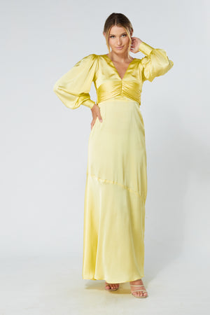 Naomi Yellow Satin-Crepe Maxi Dress With Long Sleeves