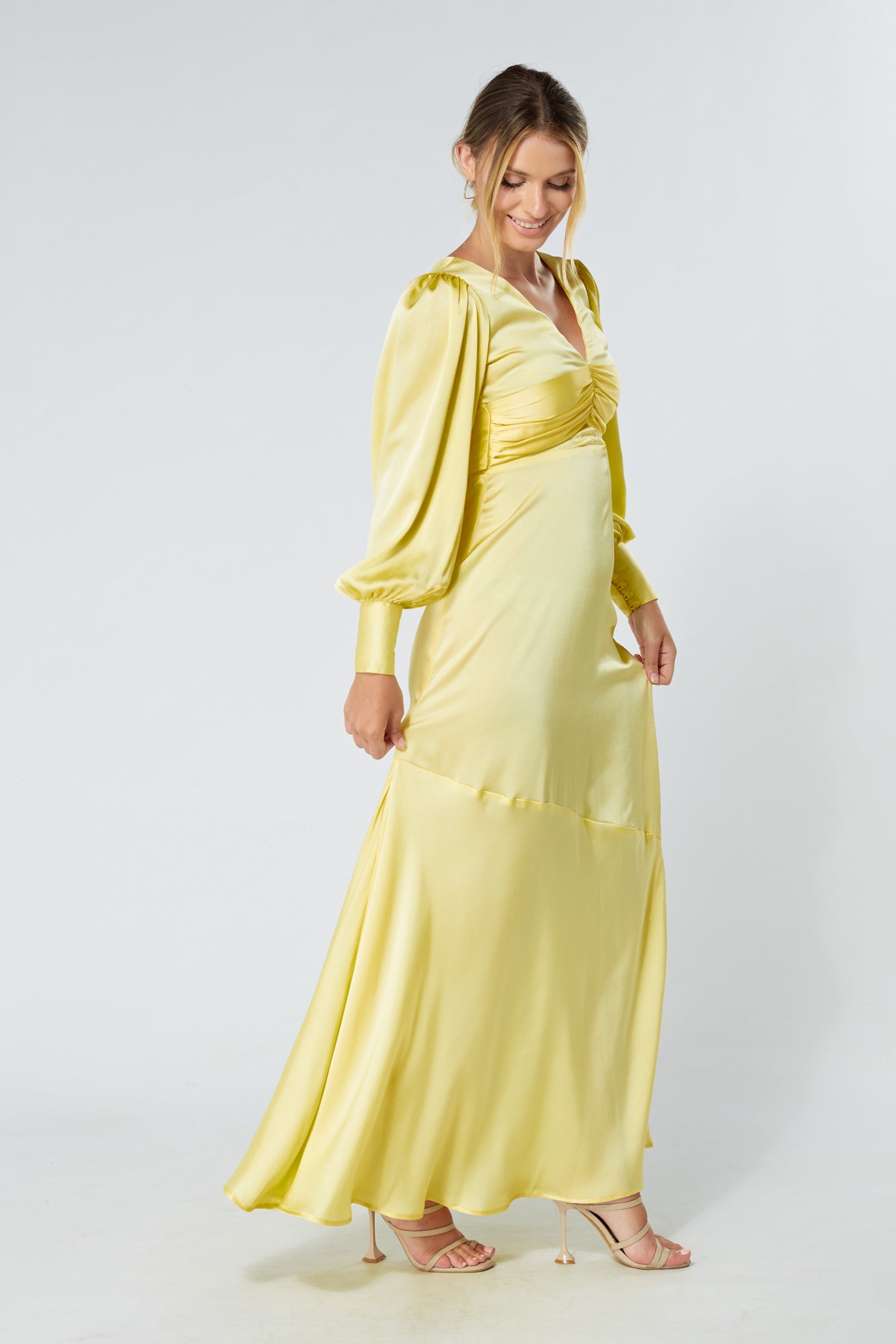 Naomi Yellow Satin-Crepe Maxi Dress With Long Sleeves
