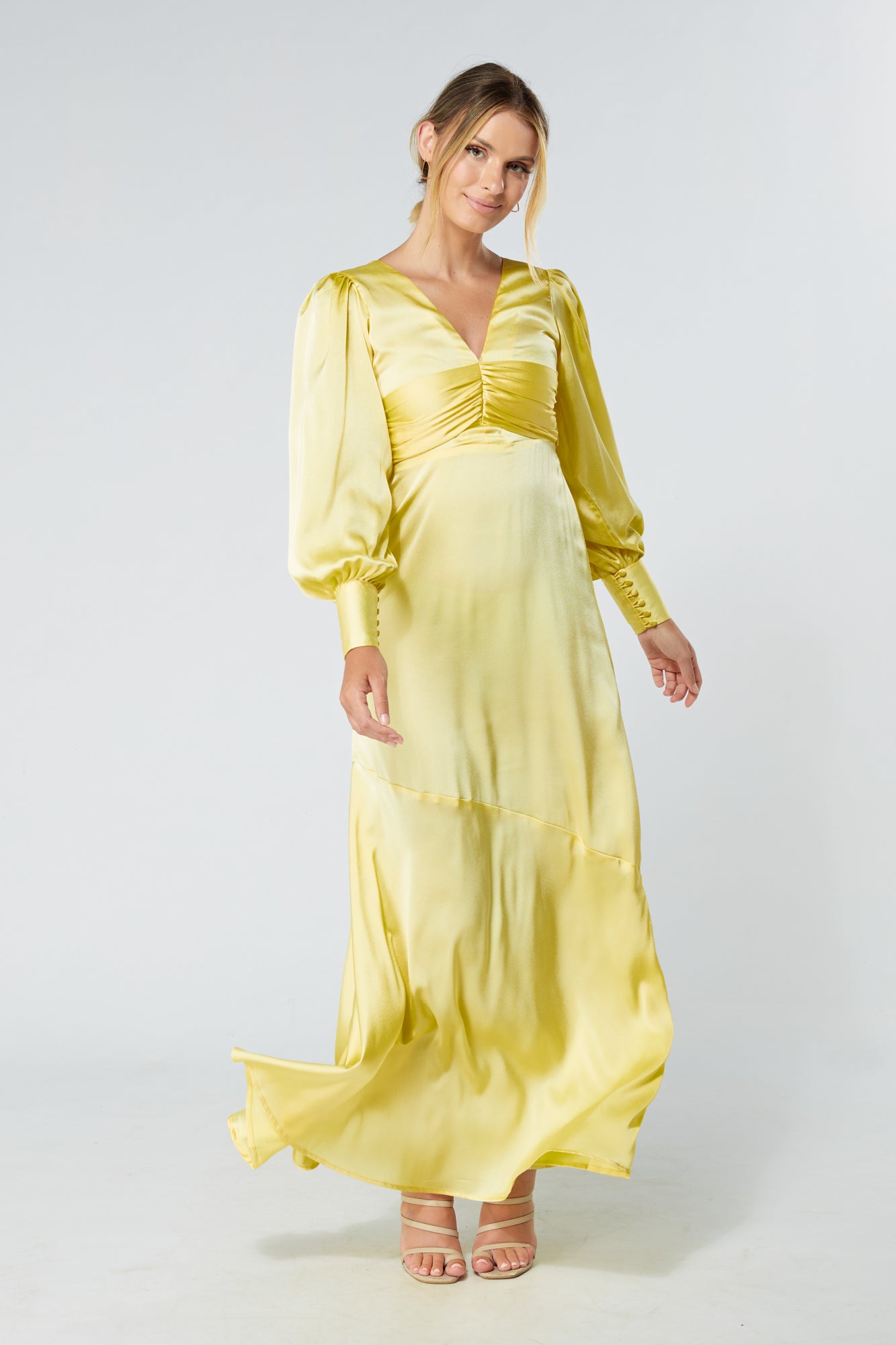 Naomi Yellow Satin-Crepe Maxi Dress With Long Sleeves