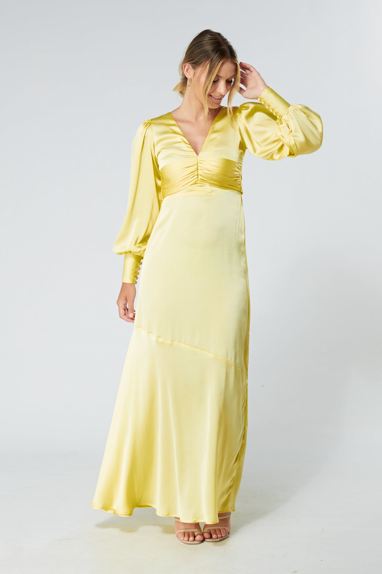 Naomi Yellow Satin-Crepe Maxi Dress With Long Sleeves