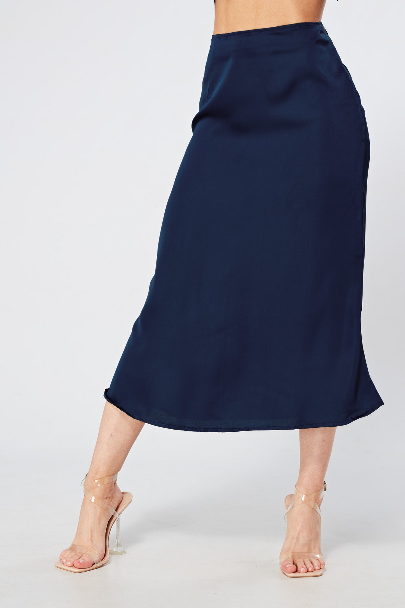 Elisa Navy Satin Flare Midi Skirt