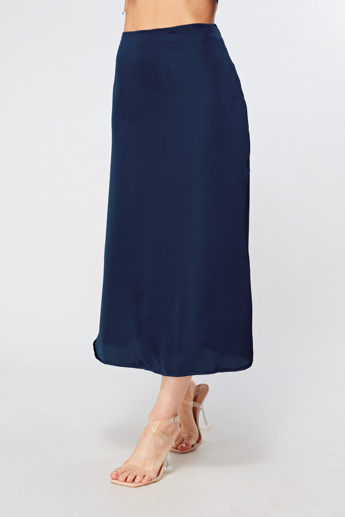 Elisa Navy Satin Flare Midi Skirt
