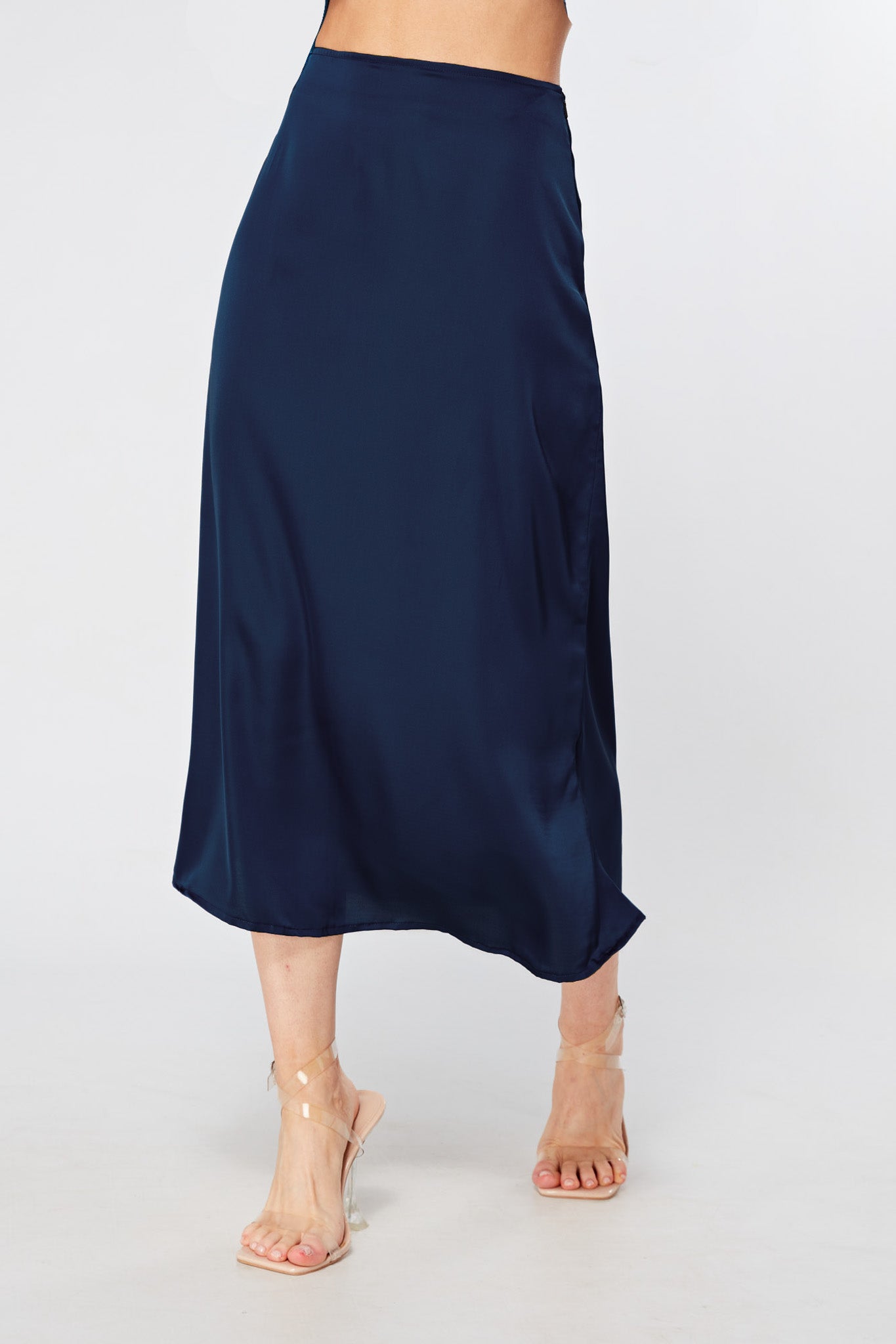 Elisa Navy Satin Flare Midi Skirt