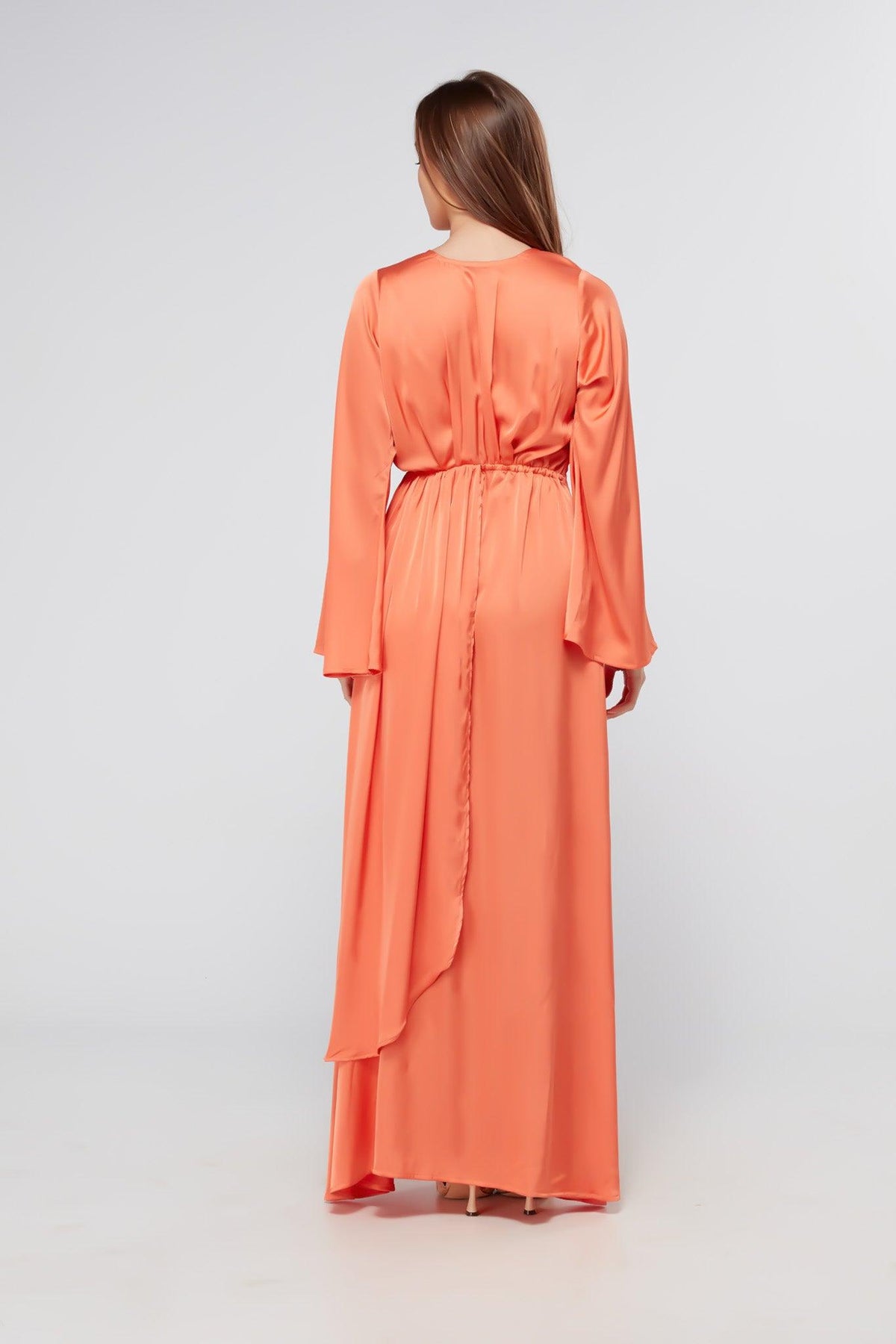 Ophelia Peachy Orange Luxury Soft Satin Maxi Dress With Kimono Sleeves - TAHLIRA