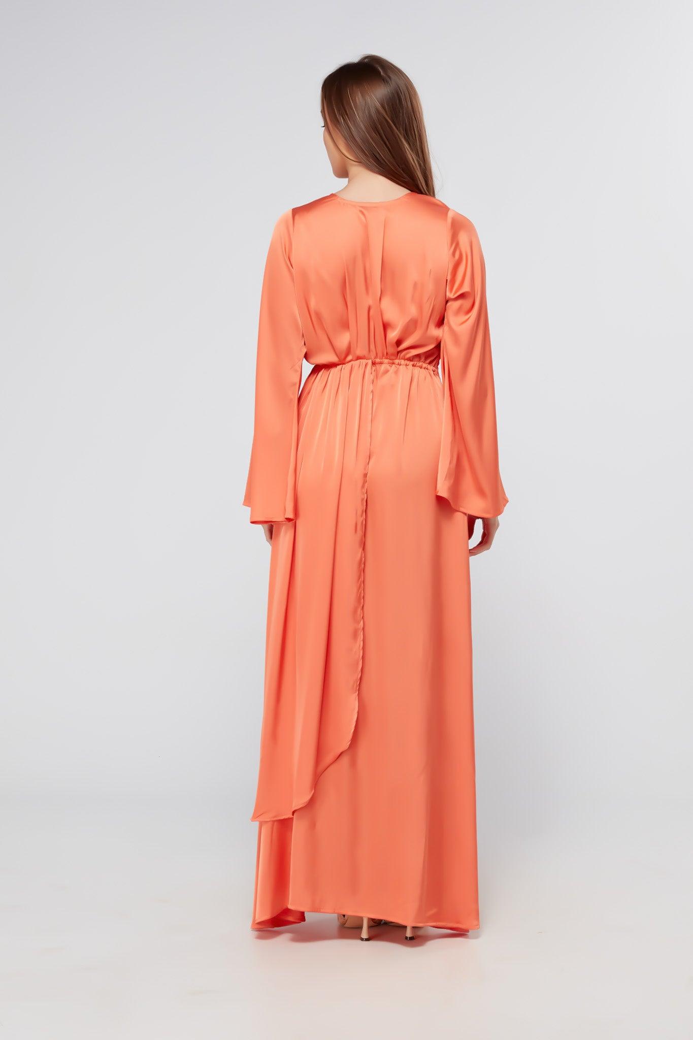 Ophelia Peachy Orange Luxury Soft Satin Maxi Dress With Kimono Sleeves - TAHLIRA