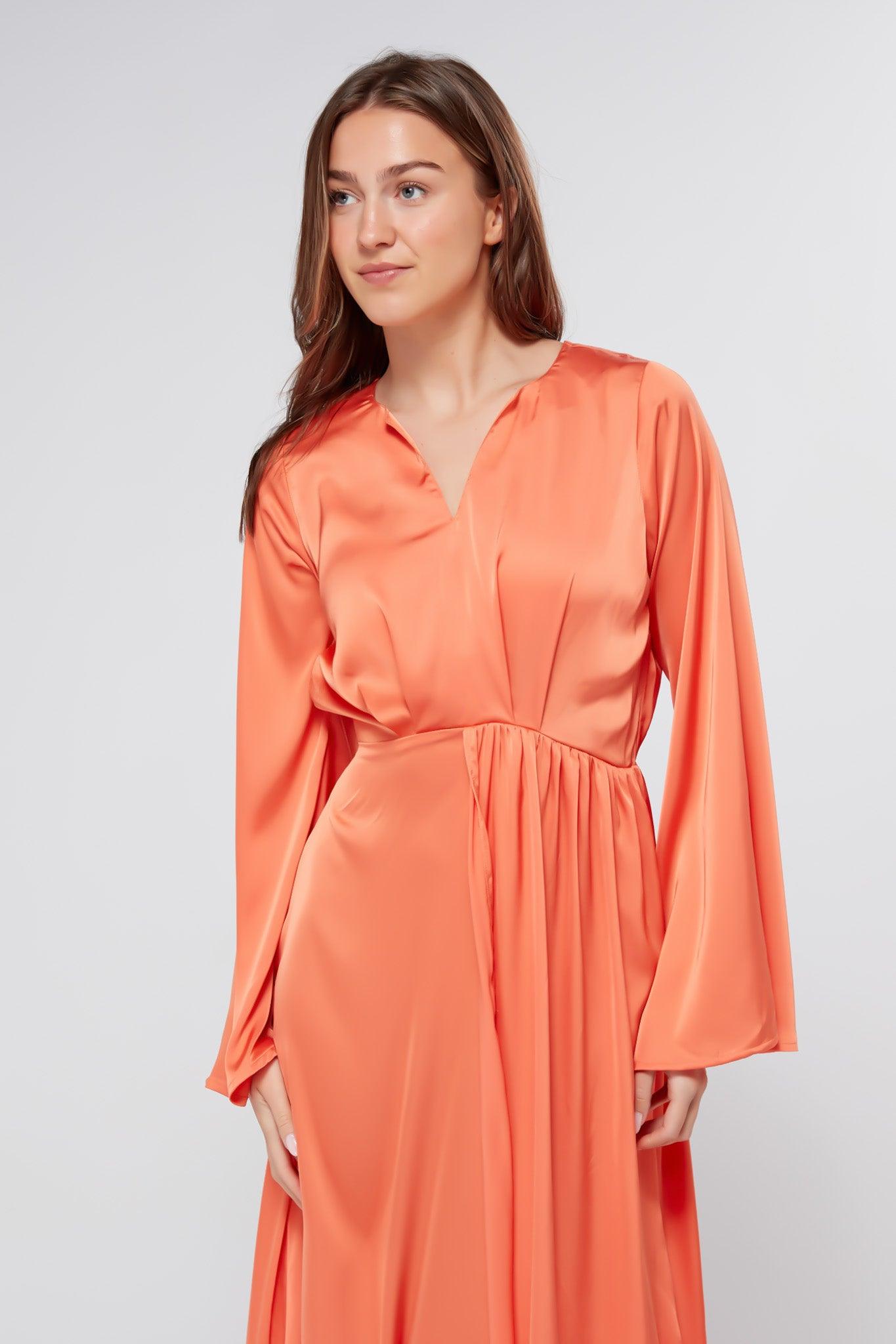 Ophelia Peachy Orange Luxury Soft Satin Maxi Dress With Kimono Sleeves - TAHLIRA