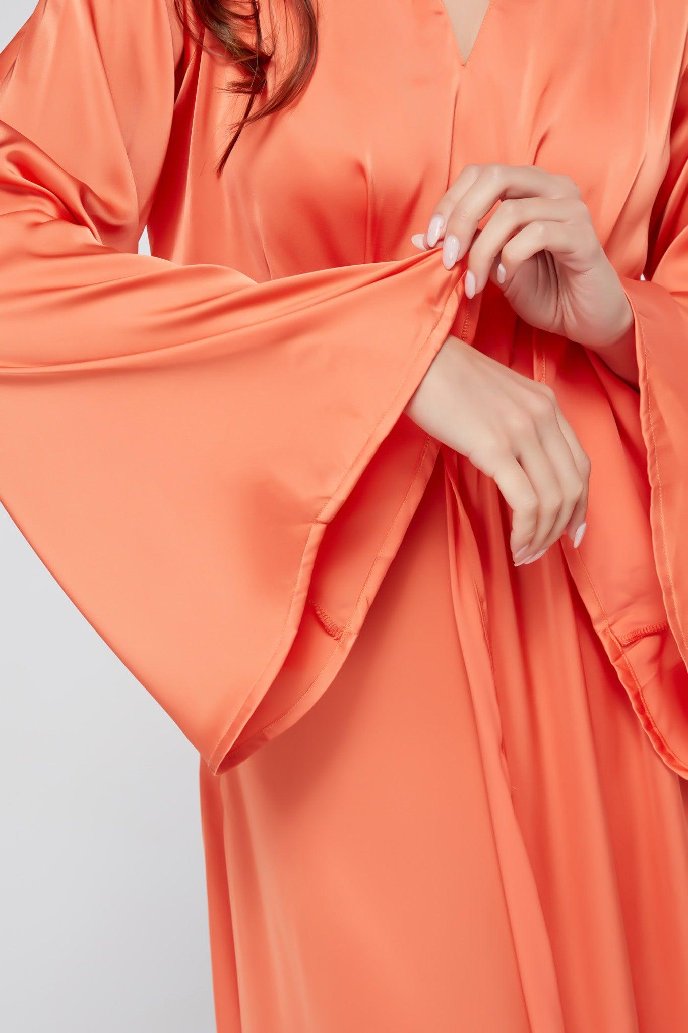 Ophelia Peachy Orange Luxury Soft Satin Maxi Dress With Kimono Sleeves - TAHLIRA