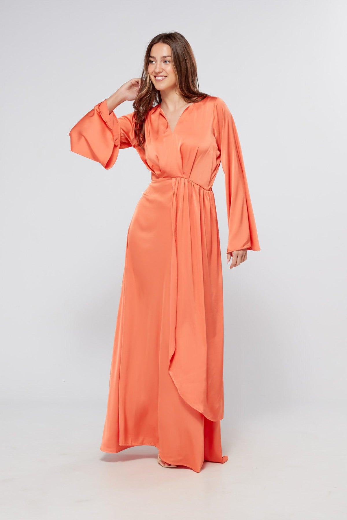 Ophelia Peachy Orange Luxury Soft Satin Maxi Dress With Kimono Sleeves - TAHLIRA