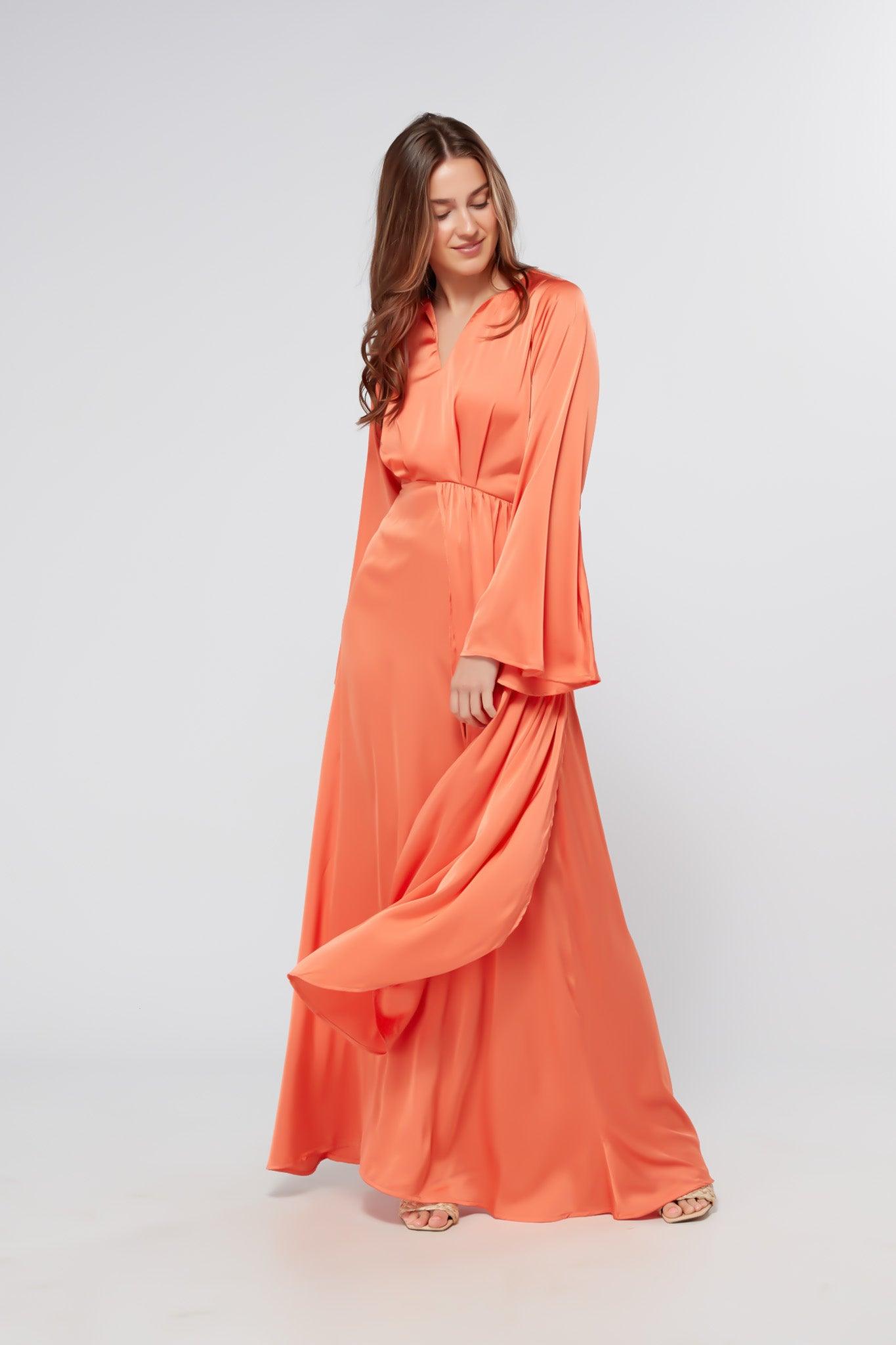 Ophelia Peachy Orange Luxury Soft Satin Maxi Dress With Kimono Sleeves - TAHLIRA