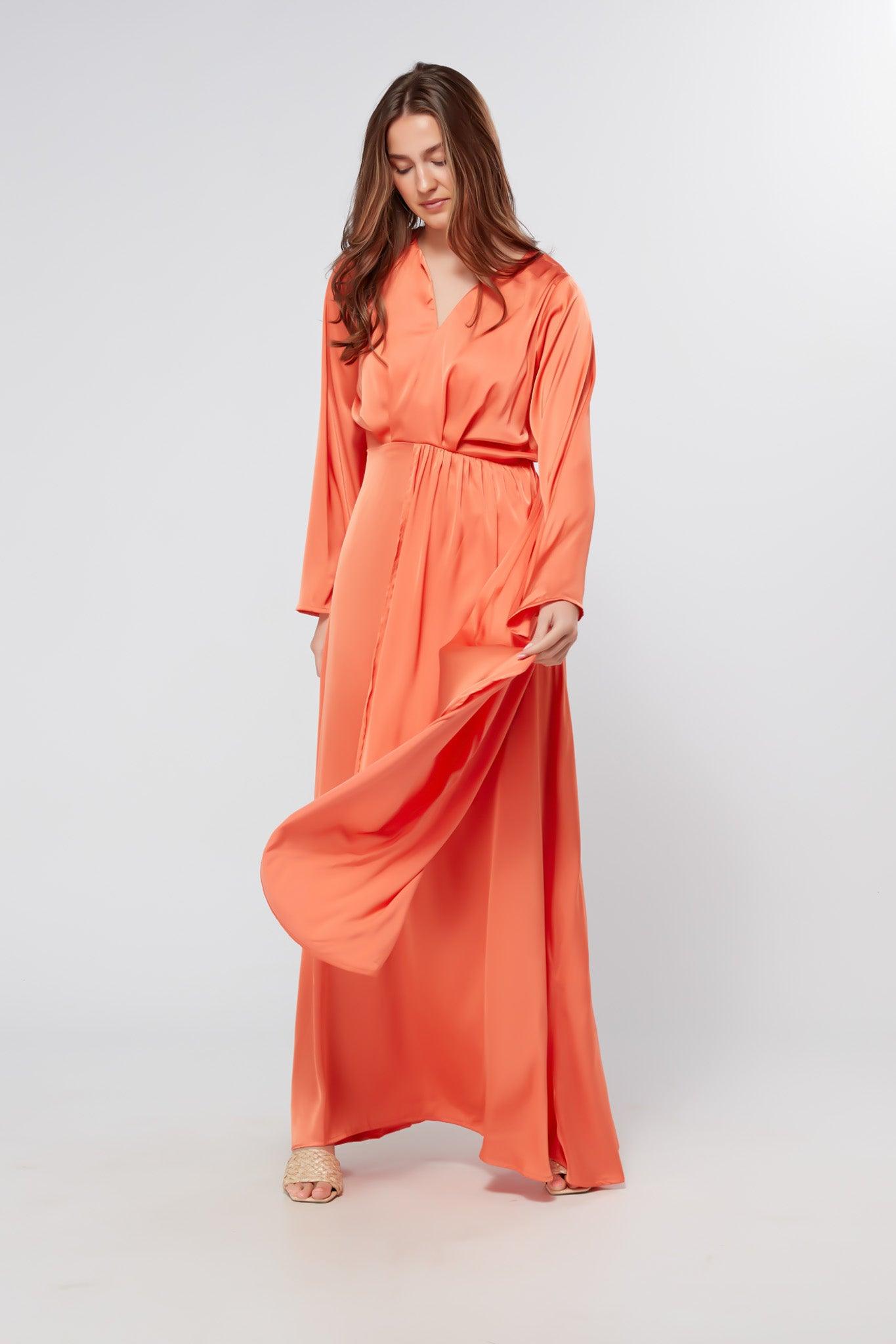 Ophelia Peachy Orange Luxury Soft Satin Maxi Dress With Kimono Sleeves - TAHLIRA
