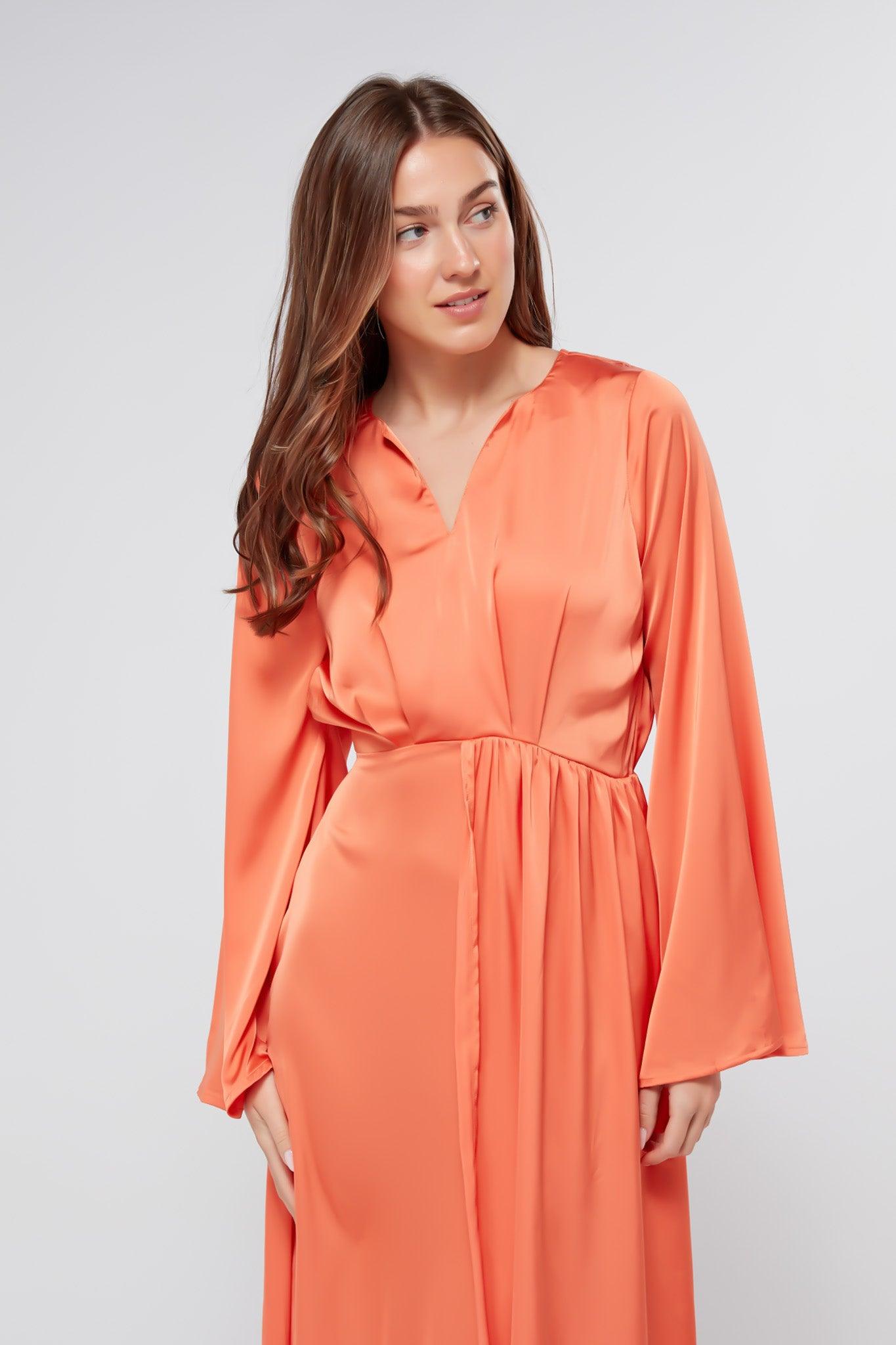 Ophelia Peachy Orange Luxury Soft Satin Maxi Dress With Kimono Sleeves - TAHLIRA