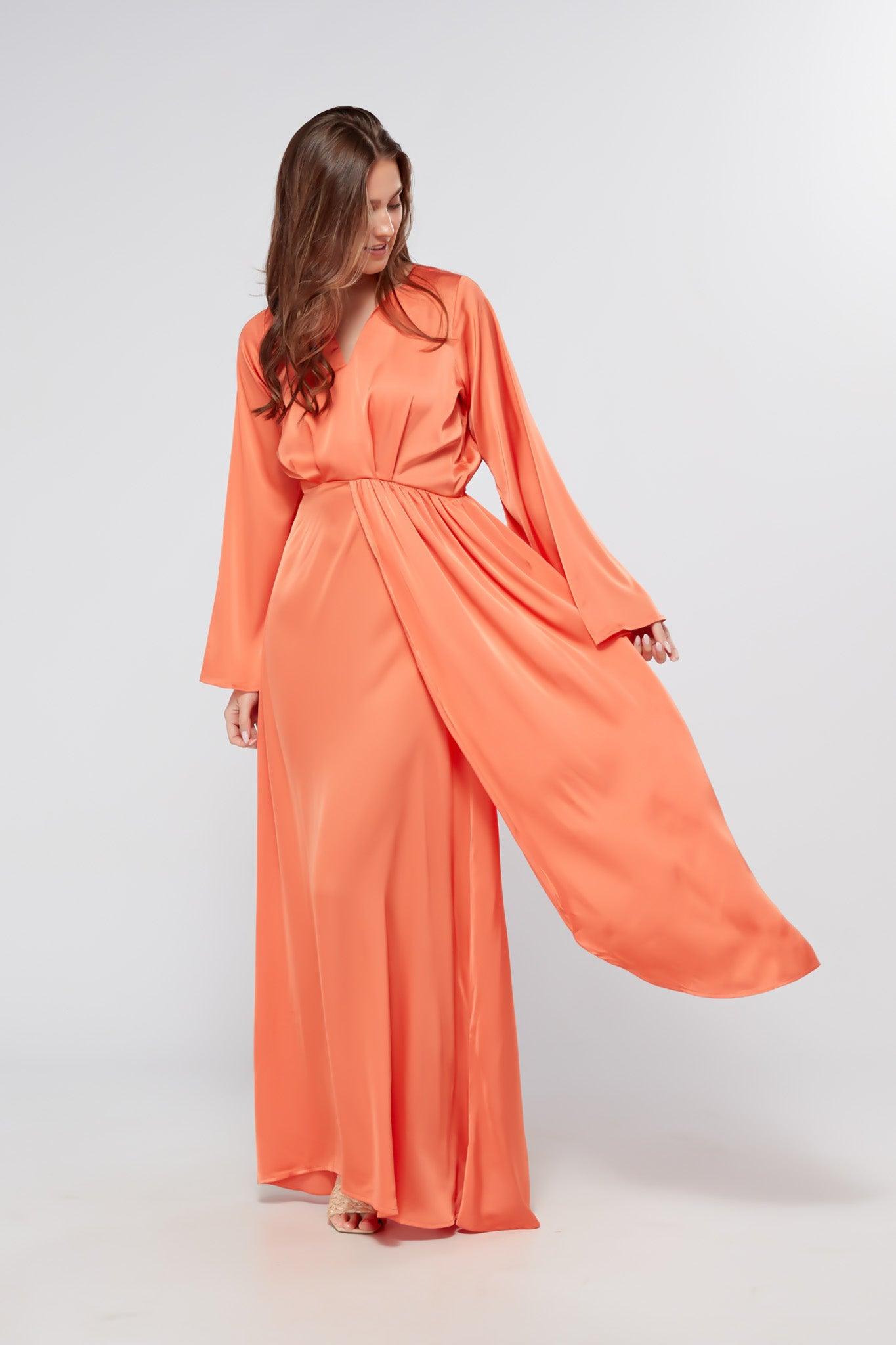 Ophelia Peachy Orange Luxury Soft Satin Maxi Dress With Kimono Sleeves - TAHLIRA