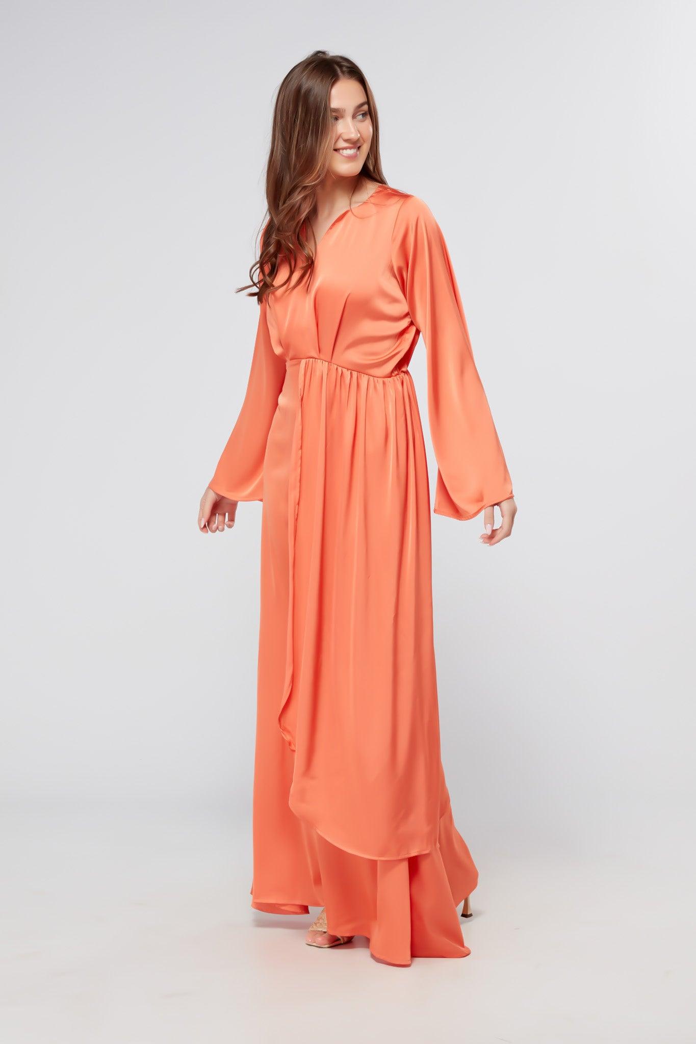 Ophelia Peachy Orange Luxury Soft Satin Maxi Dress With Kimono Sleeves - TAHLIRA