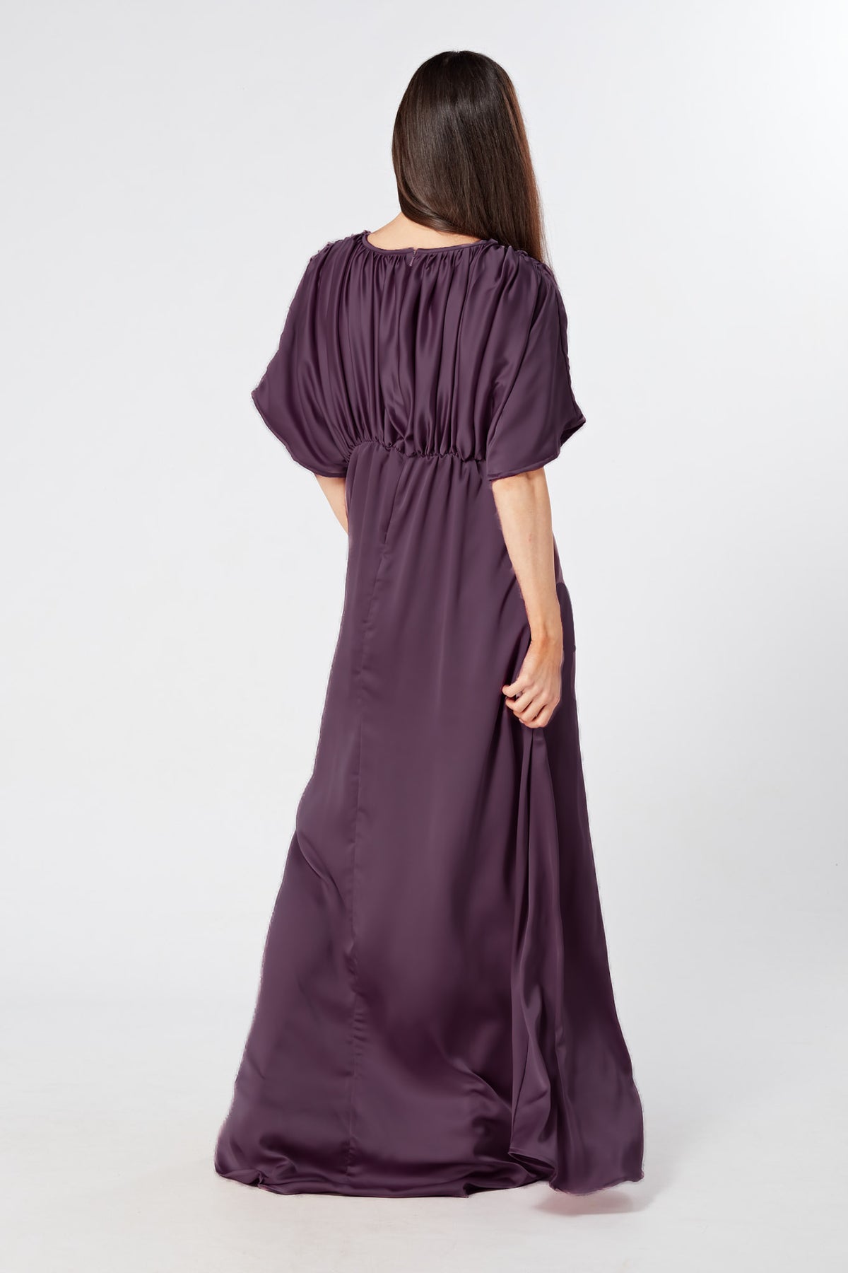 Josephine Purple Satin Feel Crepe Maxi Dress With Ruched Body