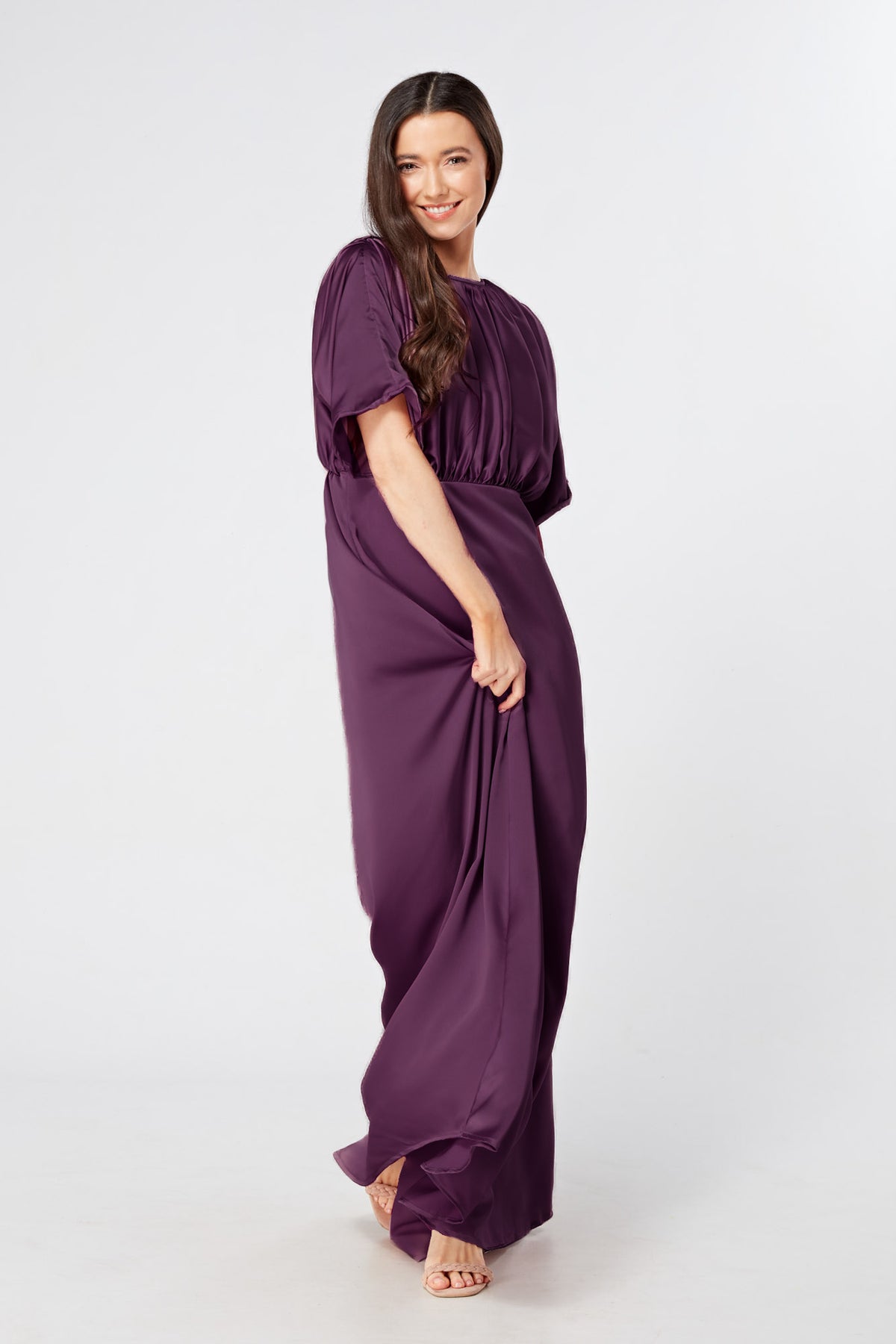Josephine Purple Satin Feel Crepe Maxi Dress With Ruched Body