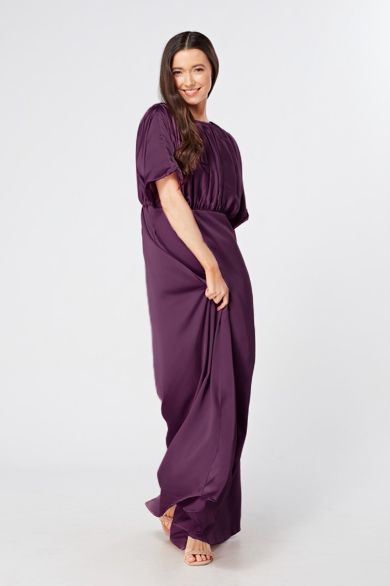 Josephine Purple Satin Feel Crepe Maxi Dress With Ruched Body