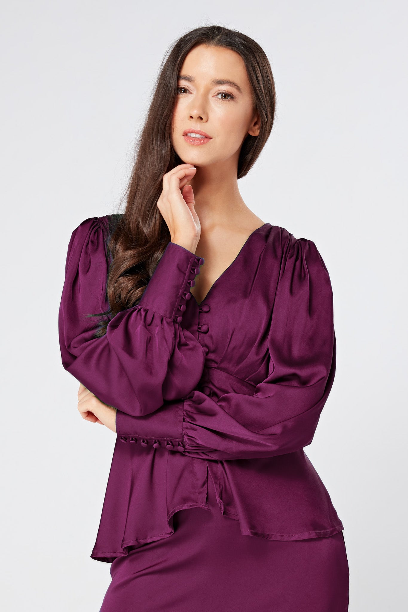 Elisa Purple Satin Buttoned Blouse With Long Sleeves