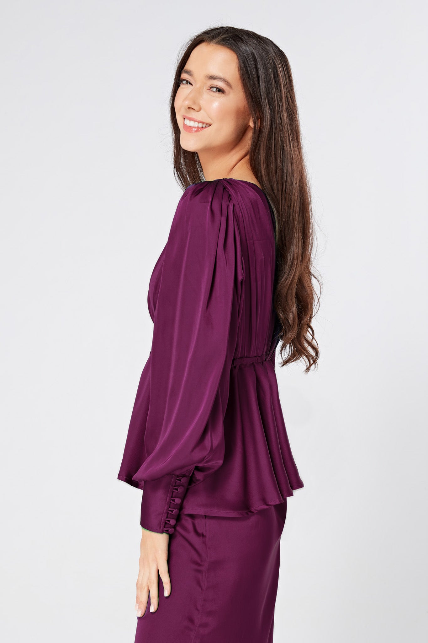 Elisa Purple Satin Buttoned Blouse With Long Sleeves