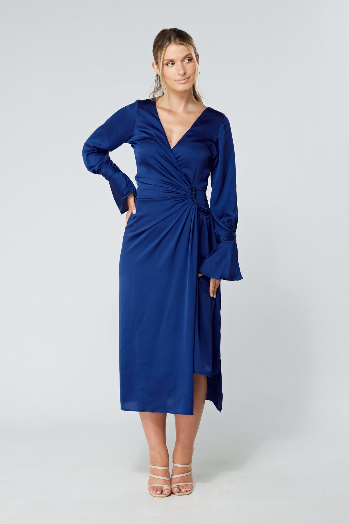 Saya Blue Wrap Dress with Long Sleeves