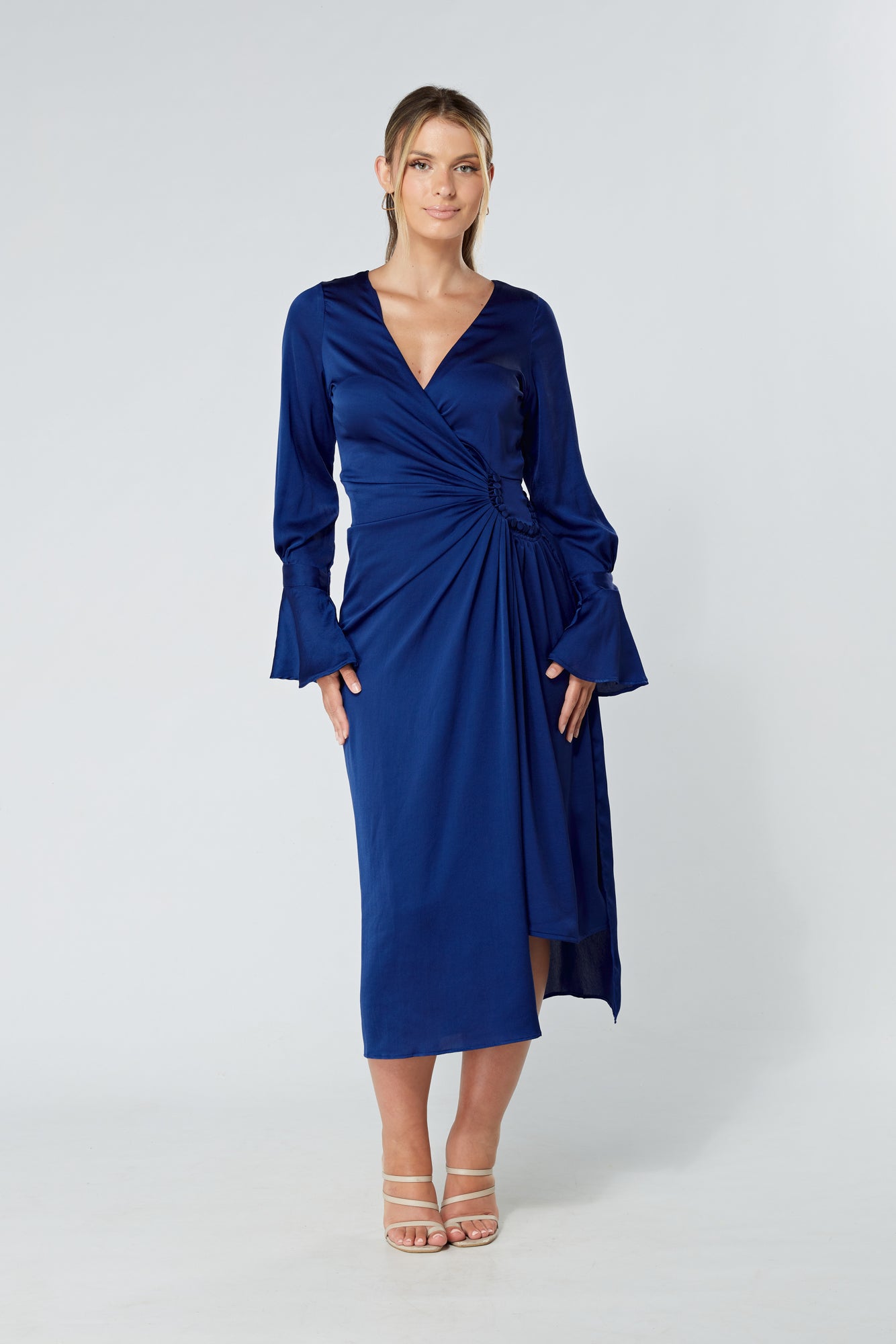 Saya Blue Wrap Dress with Long Sleeves