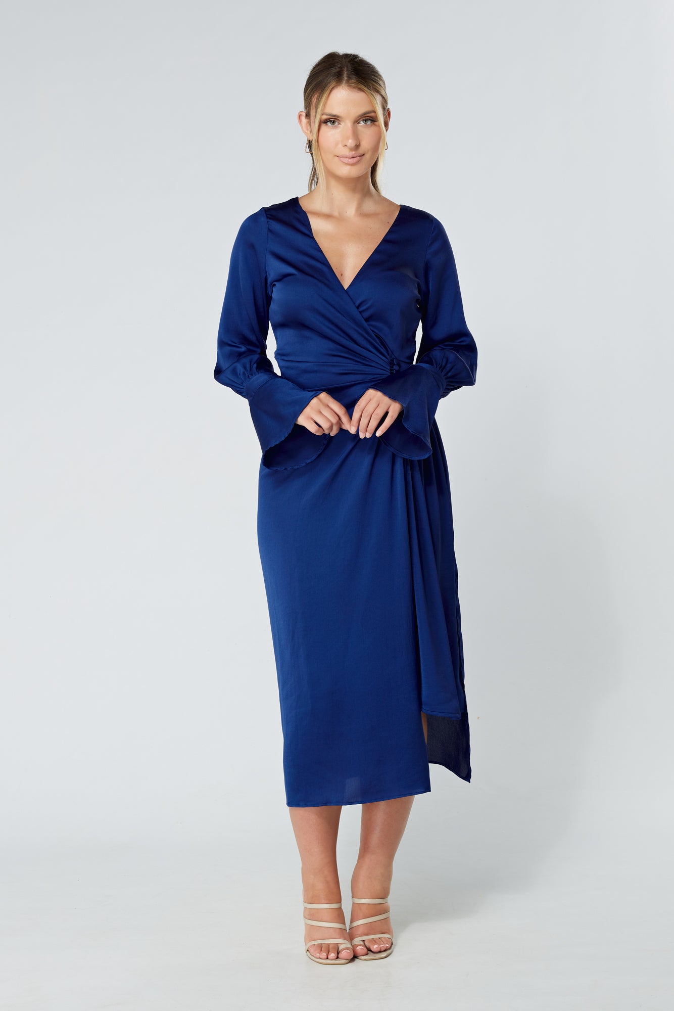 Saya Blue Wrap Dress with Long Sleeves