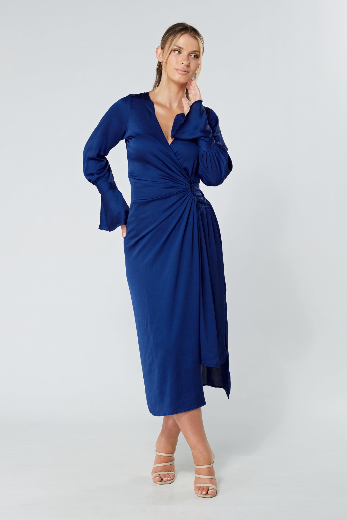 Saya Blue Wrap Dress with Long Sleeves
