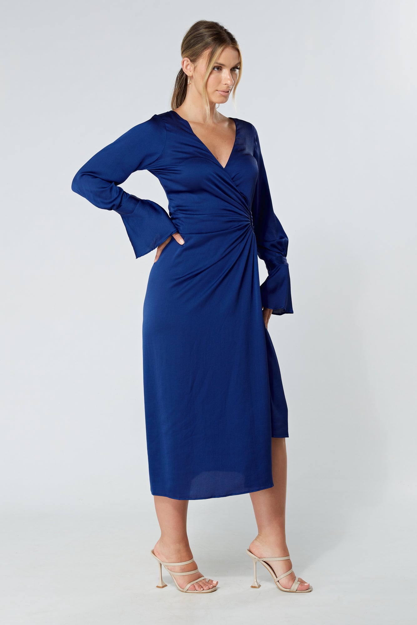 Saya Blue Wrap Dress with Long Sleeves