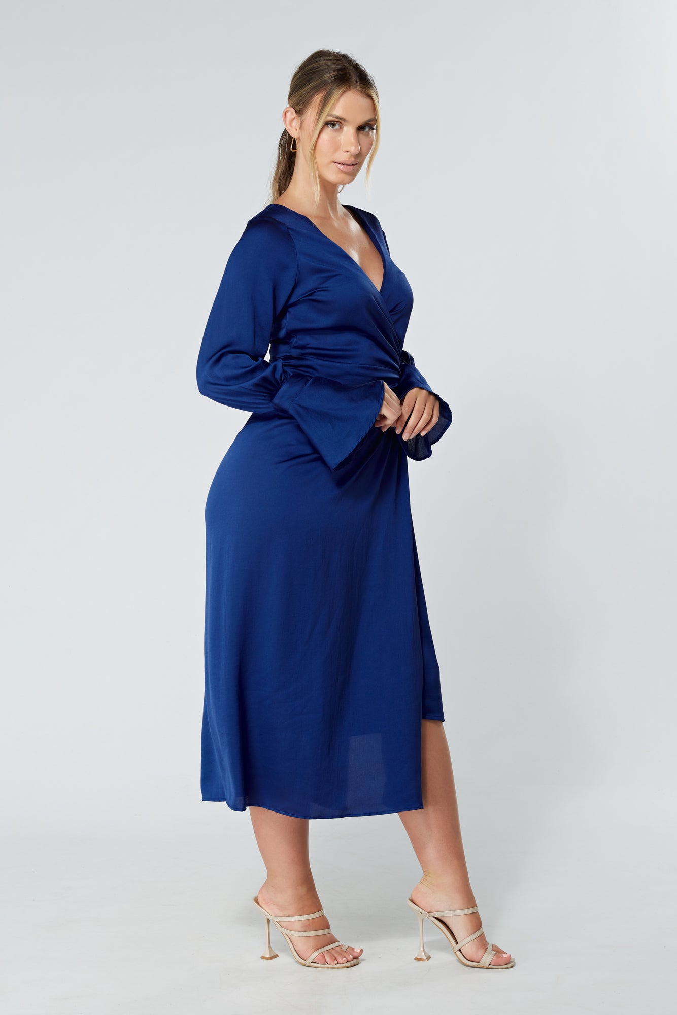 Saya Blue Wrap Dress with Long Sleeves