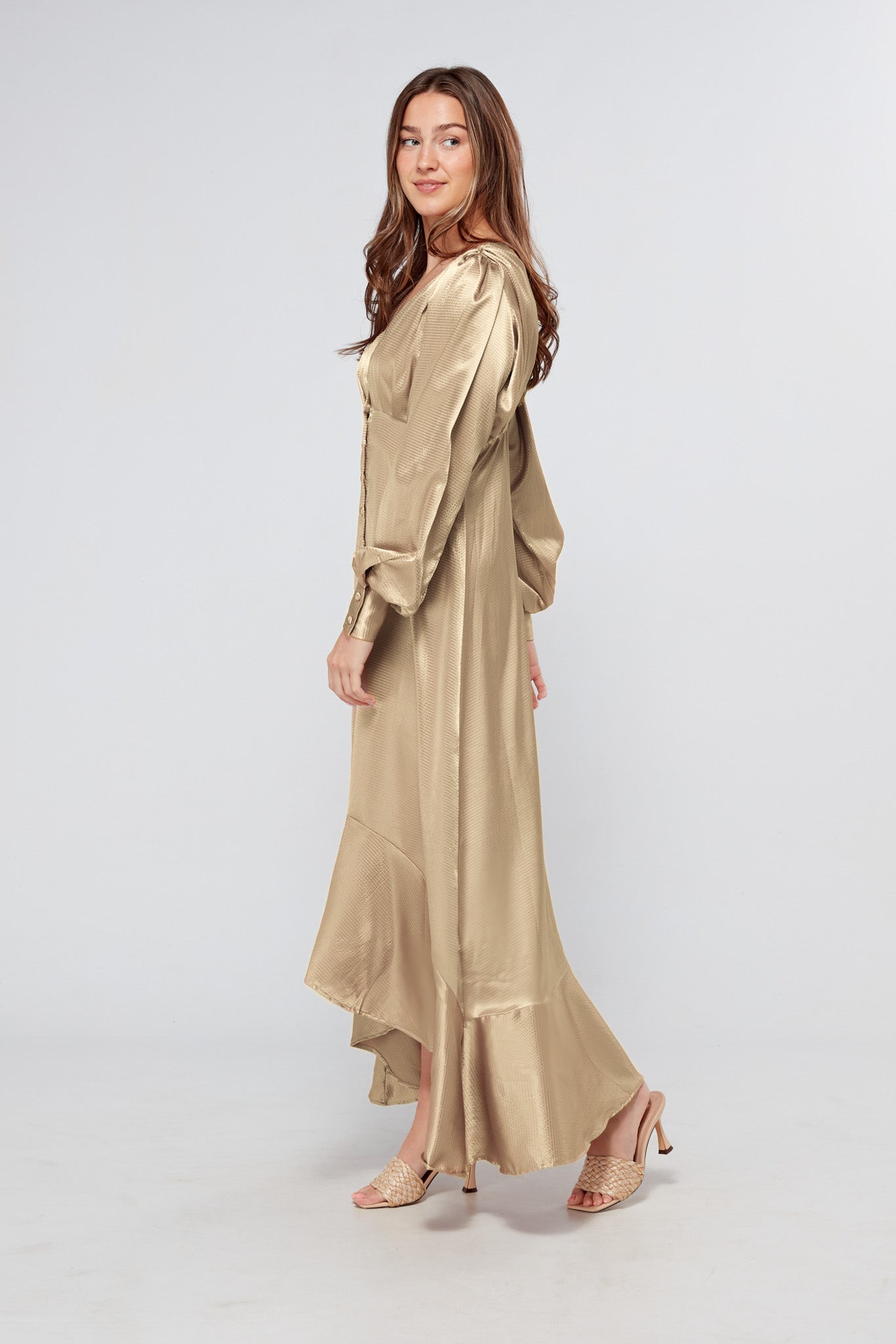 Charlize Light Gold Buttoned Front Maxi Dress