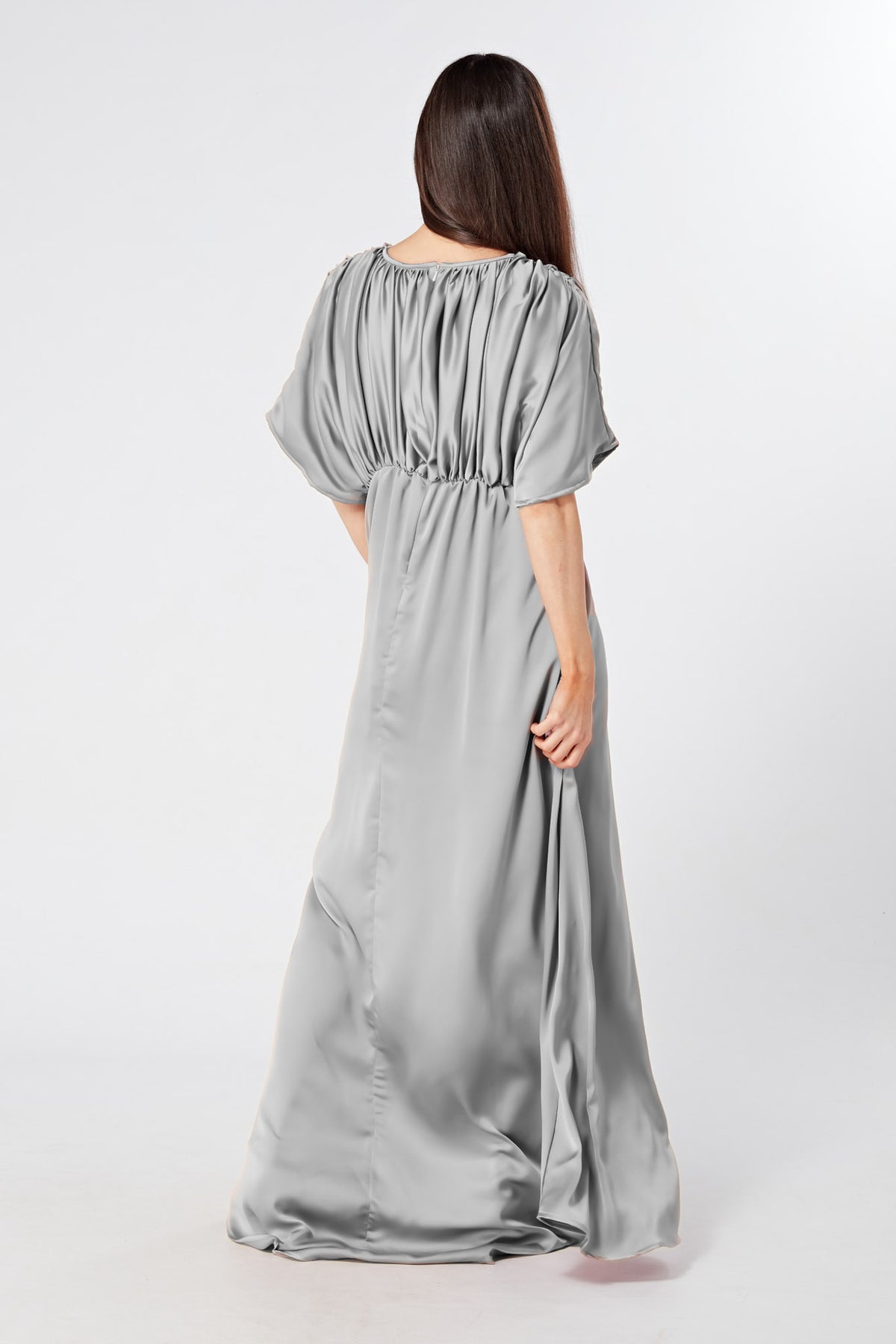 Josephine Silver Satin Feel Crepe Maxi Dress With Ruched Body