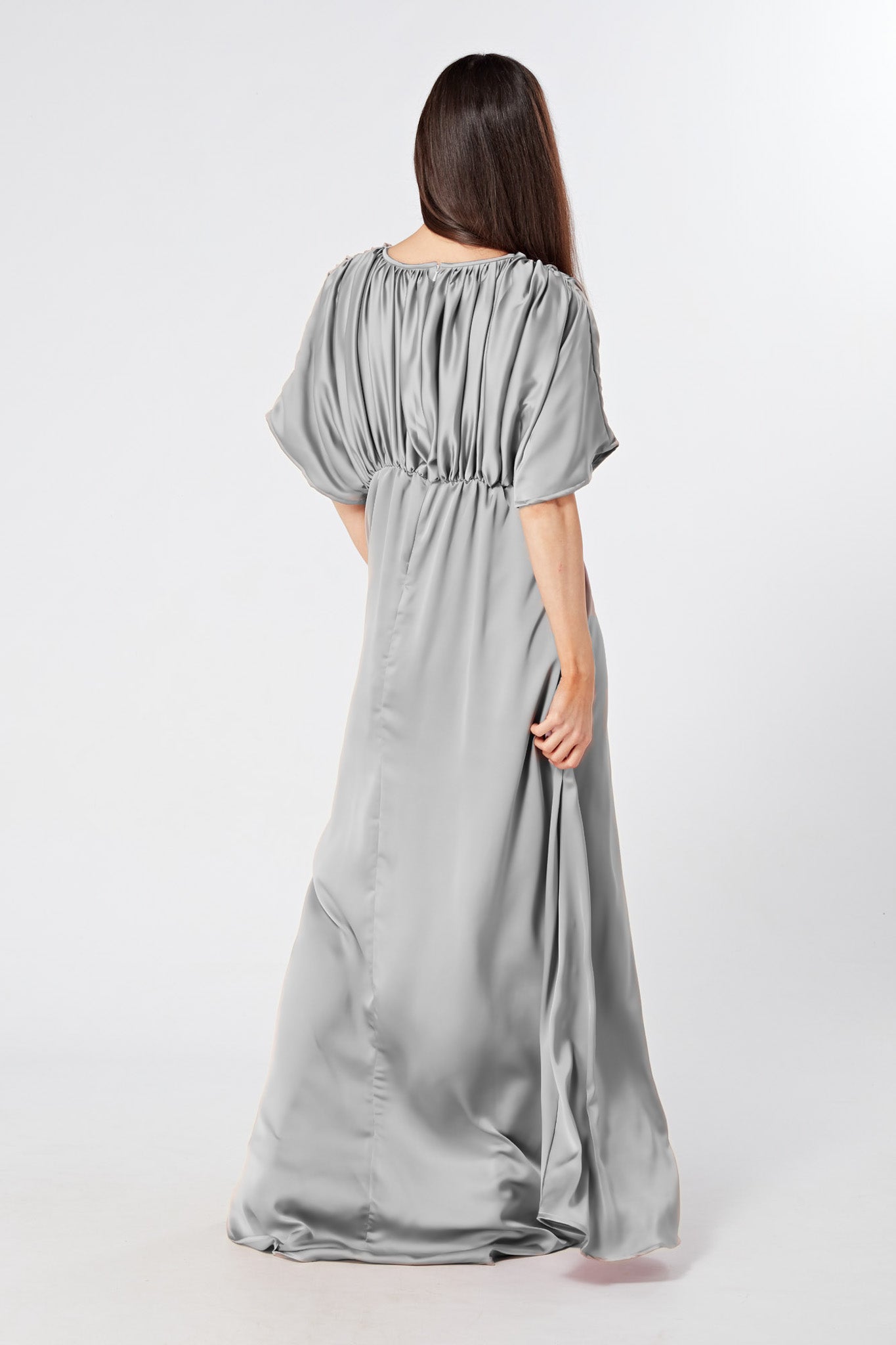 Josephine Silver Satin Feel Crepe Maxi Dress With Ruched Body