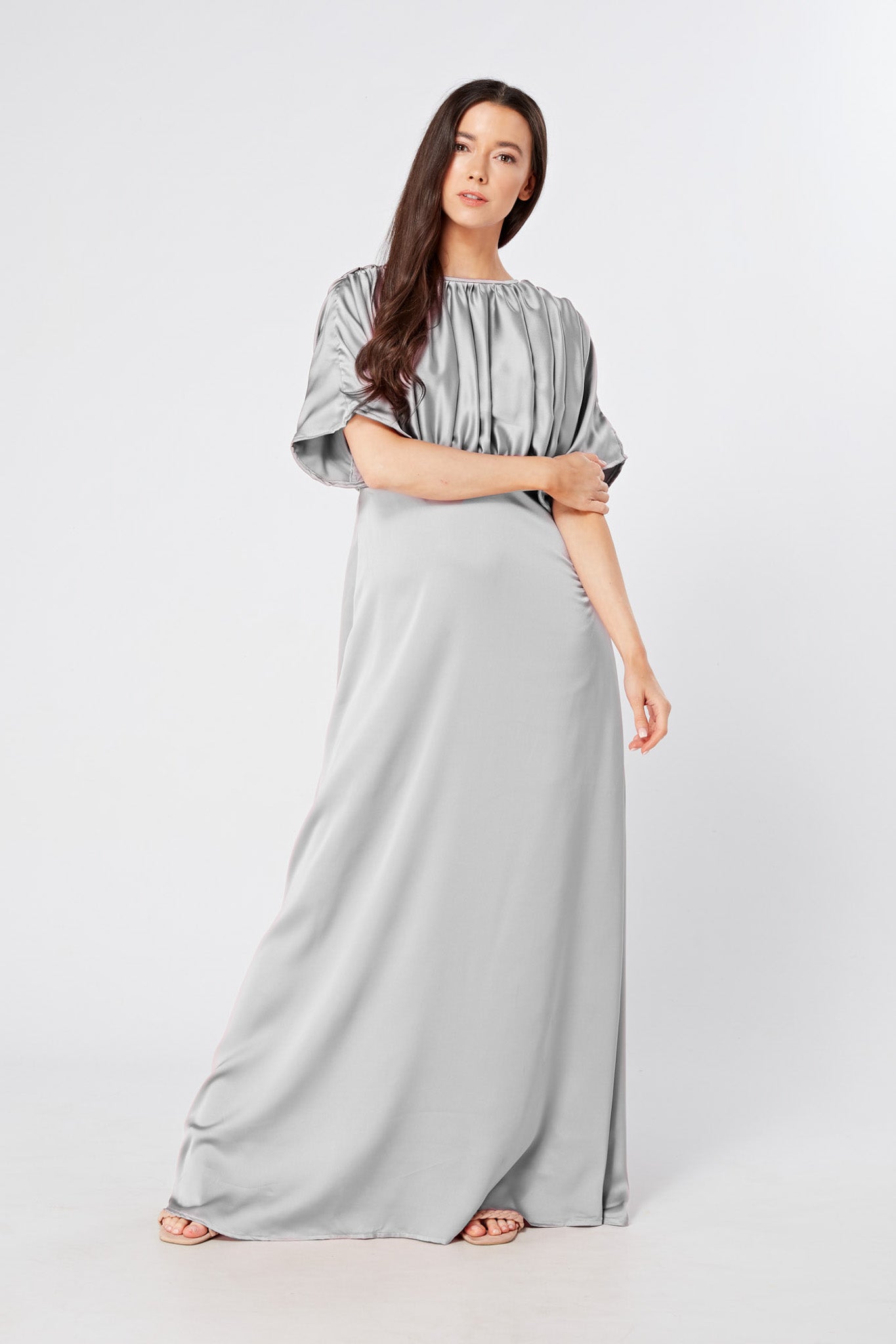 Josephine Silver Satin Feel Crepe Maxi Dress With Ruched Body