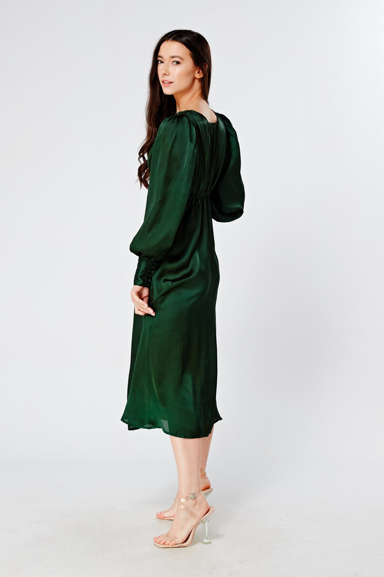 Zarina Emerald Green Satin Midi Dress - TAHLIRA Zarina Emerald Green Satin Midi Dress - TAHLIRA