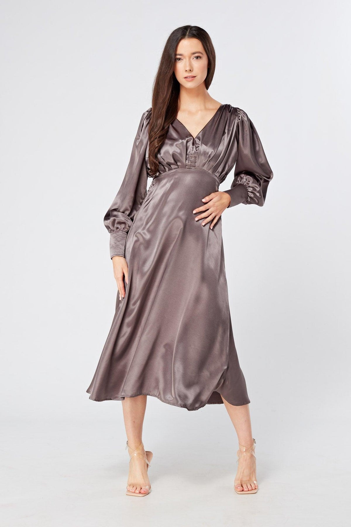 Zara Deep Grey Premium Satin Effect Midi Dress With Long Sleeves - TAHLIRA