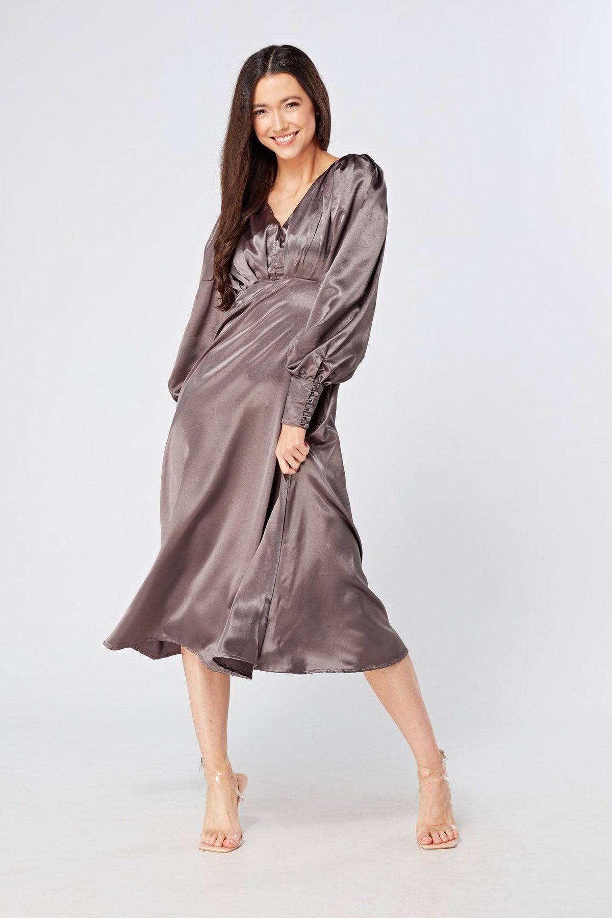 Zara Deep Grey Premium Satin Effect Midi Dress With Long Sleeves - TAHLIRA