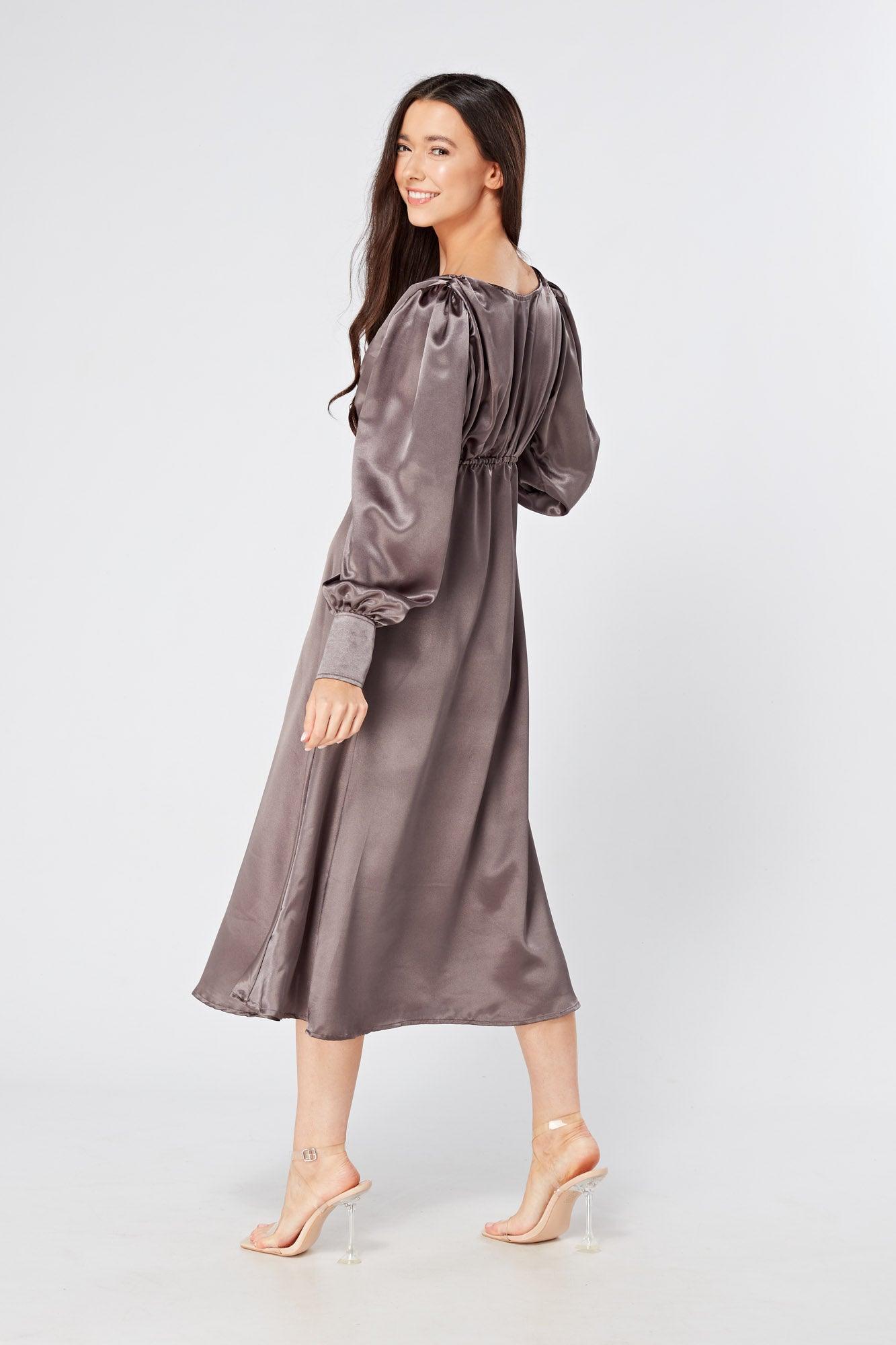 Zara Deep Grey Premium Satin Effect Midi Dress With Long Sleeves - TAHLIRA Zara Deep Grey Premium Satin Effect Midi Dress With Long Sleeves - TAHLIRA