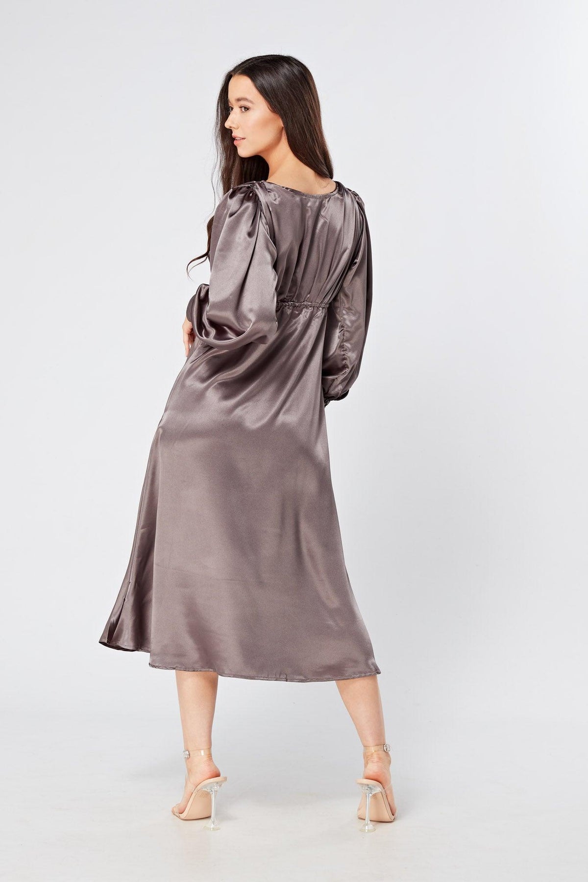 Zara Deep Grey Premium Satin Effect Midi Dress With Long Sleeves - TAHLIRA